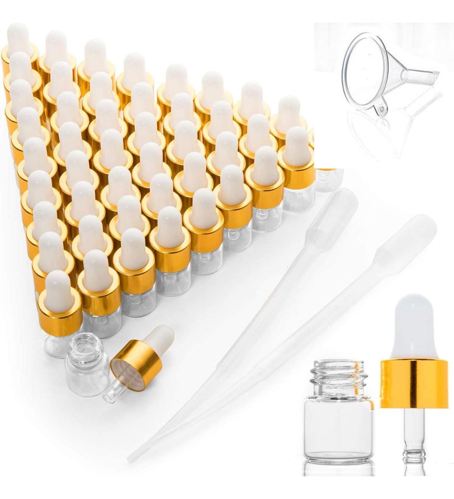 50 Pcs Mini Dropper Bottles Empty Glass Tincture Bottles with Golden Caps Perfume Sample Vials for Essential Oils&Body Oil&Liquids Traveling DIY Containers Included Pipette&Funnel (1ml) - Buy Online on GoSupps.com