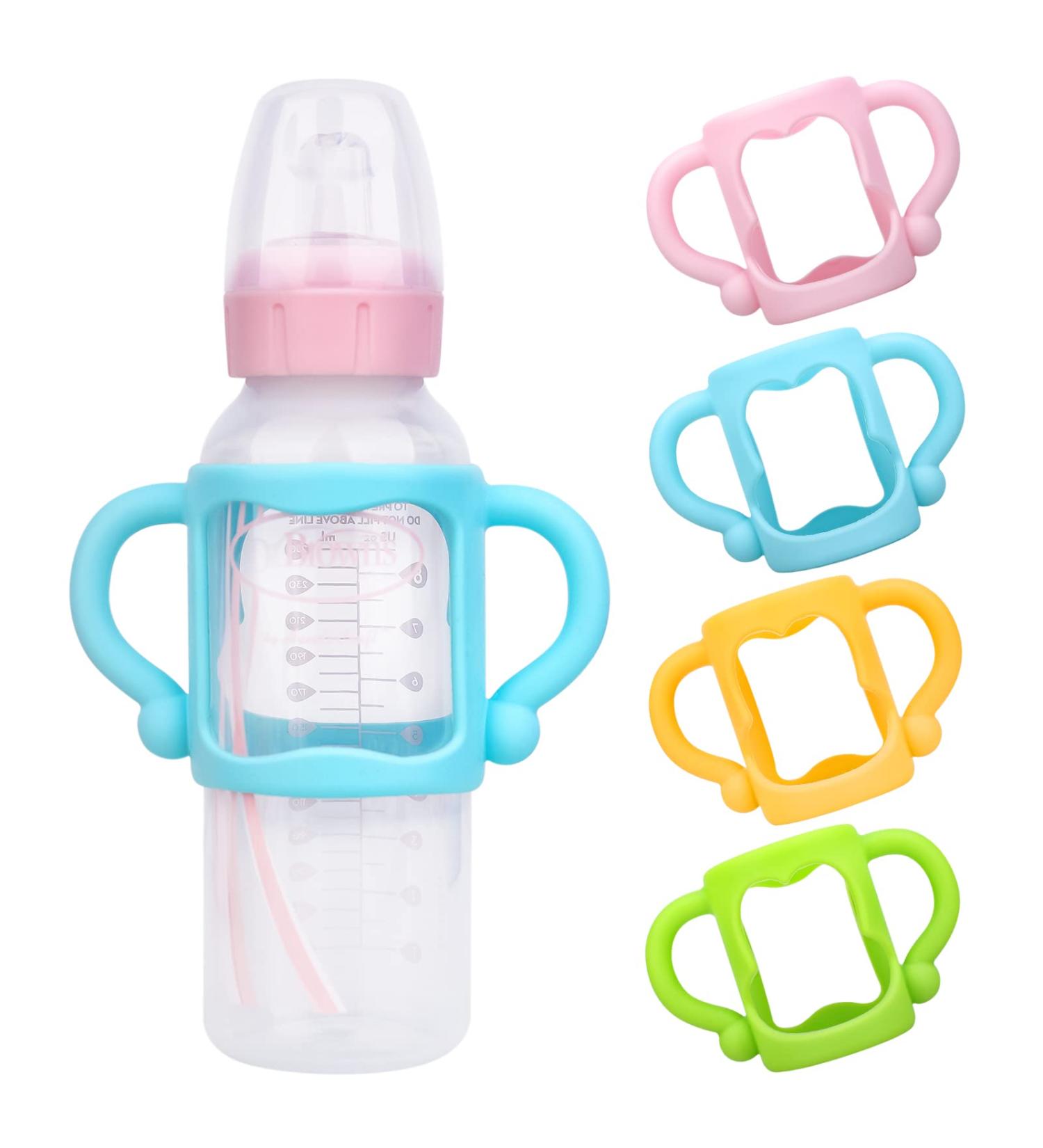 4 Pack Silicone Bottle Handles for Dr. Brown Baby Bottles - Easy Grip Holder for Hands-Free Feeding - Pink, Orange, Blue, Green - Buy Online on GoSupps.com