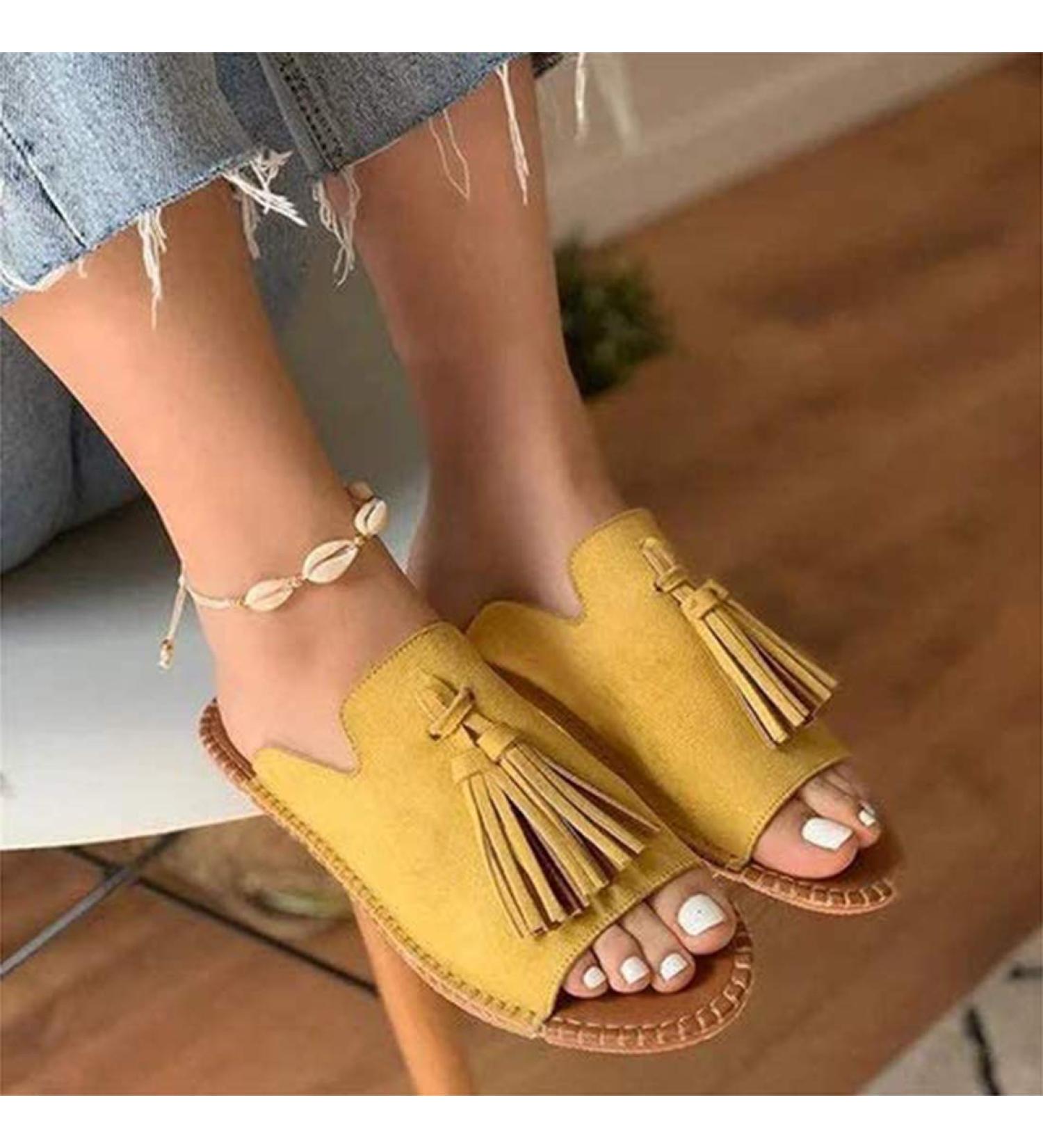 Creev Women's Flat Sole Tassel Slip-On Sandals | Summer Beach Bohemian Casual Open Toe Flip-Flops | Size 36-42 EU - Buy Online on GoSupps.com