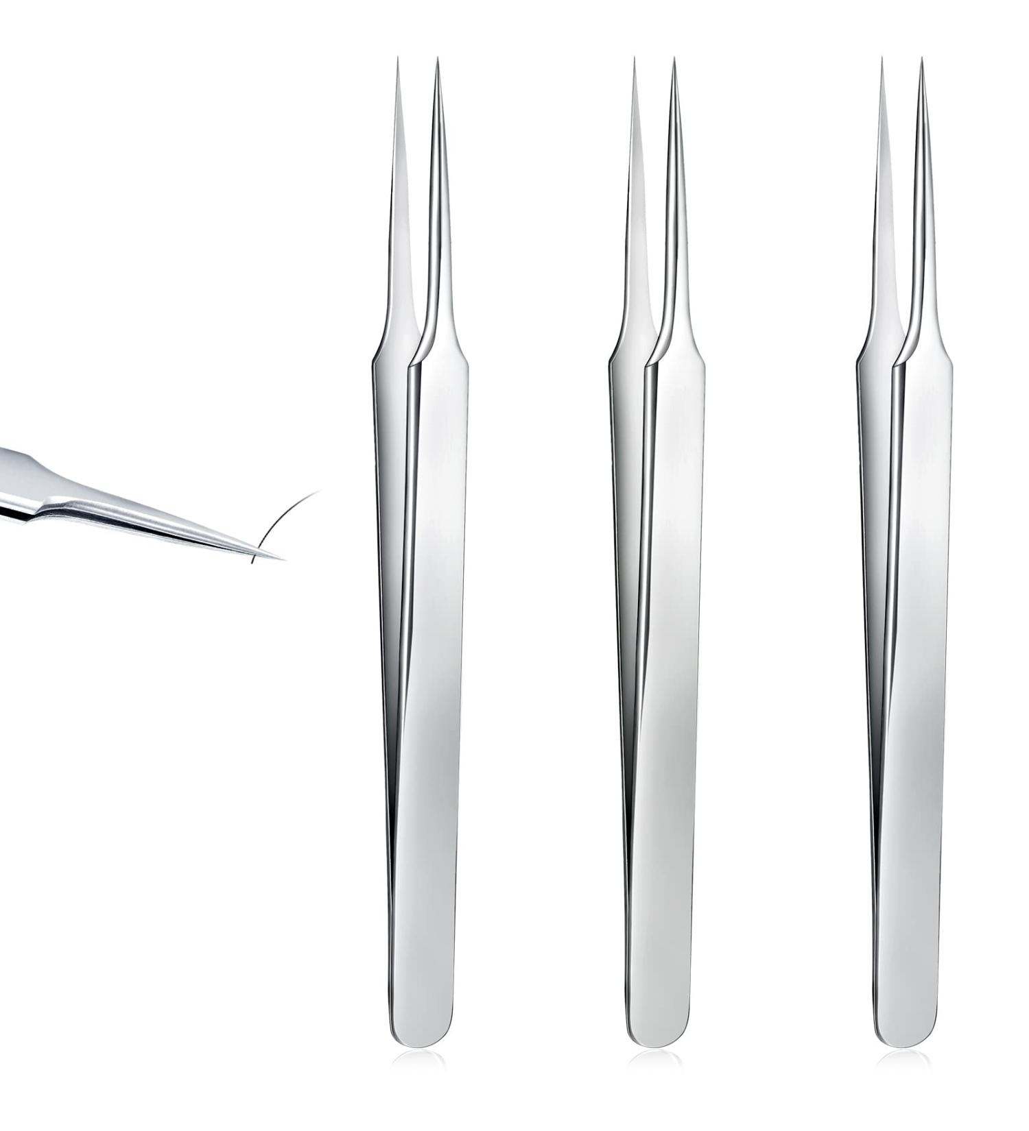 3-Piece Stainless Steel Tweezer Set for Ingrown Hair, Splinter, and Blackhead Removal - Precision Eyebrow Tweezers for Facial Hair - Silver - Buy Online on GoSupps.com