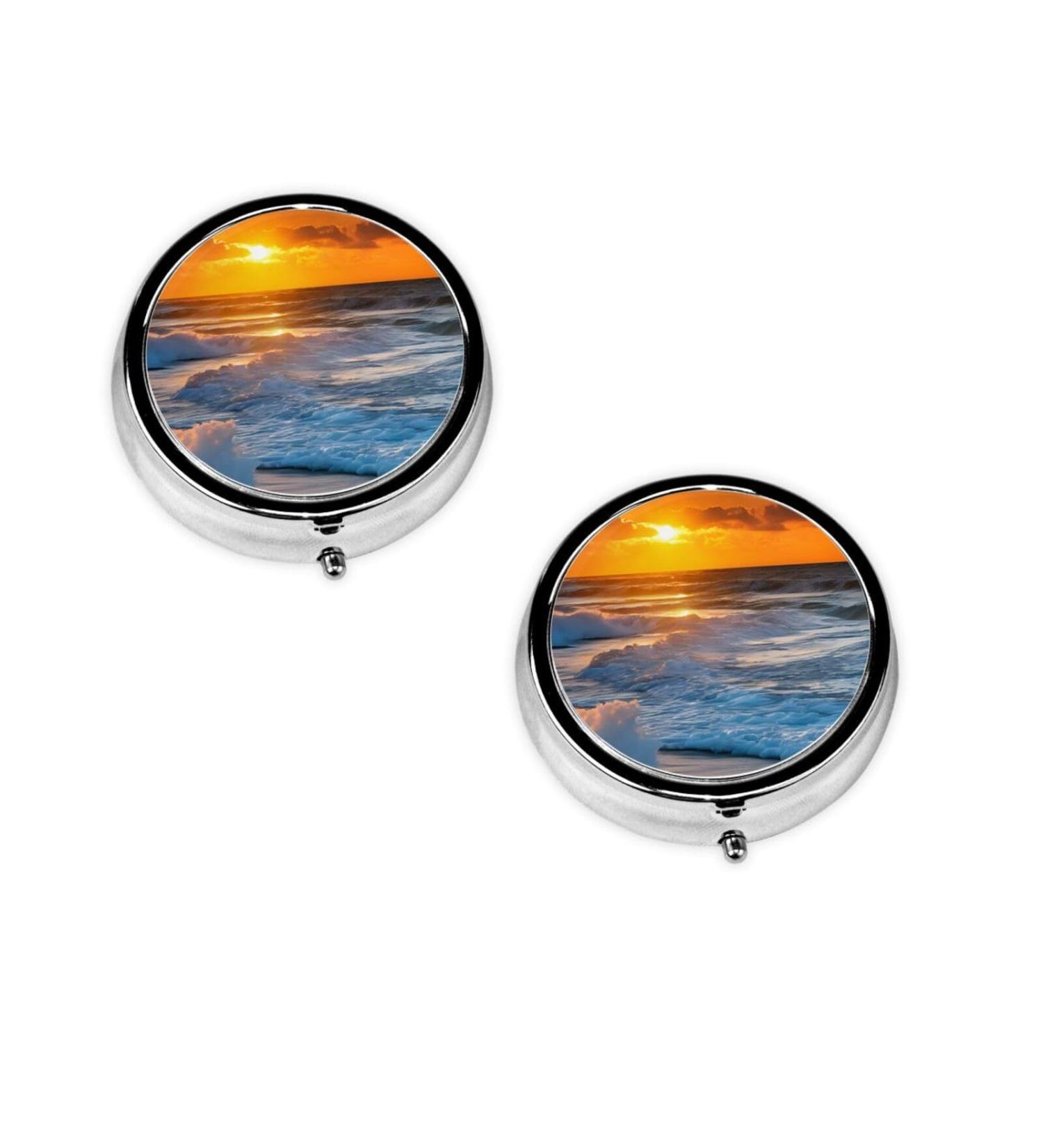 Beach Sunset Round Pill Box | 3 Compartment Portable Travel Medicine Organizer | Mini Decorative Vitamin Holder - Buy Online on GoSupps.com