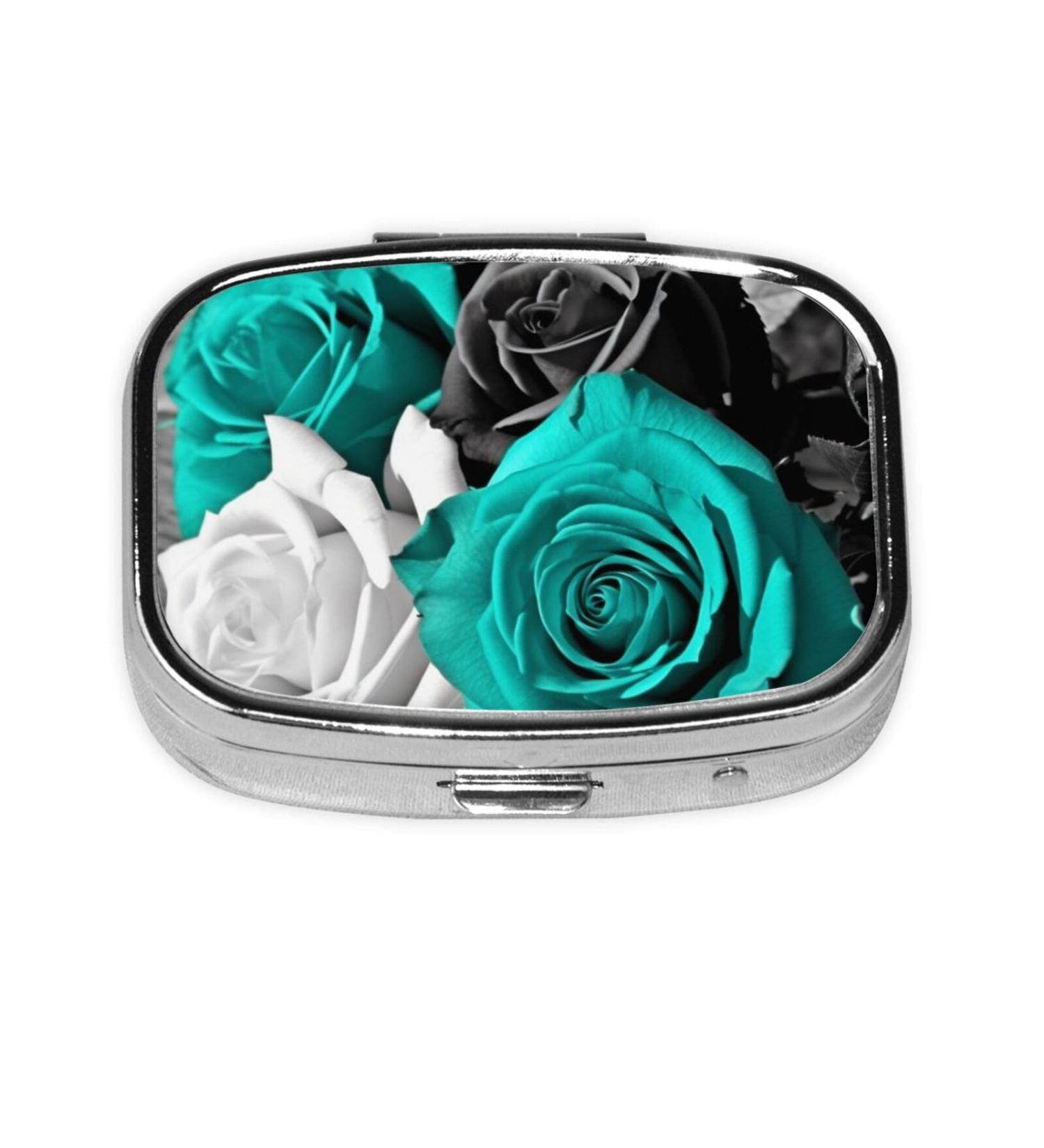 Black White Teal Gray Rose Floral Printed Square Pill Box - Portable Medicine Organizer for Travel - Buy Online on GoSupps.com