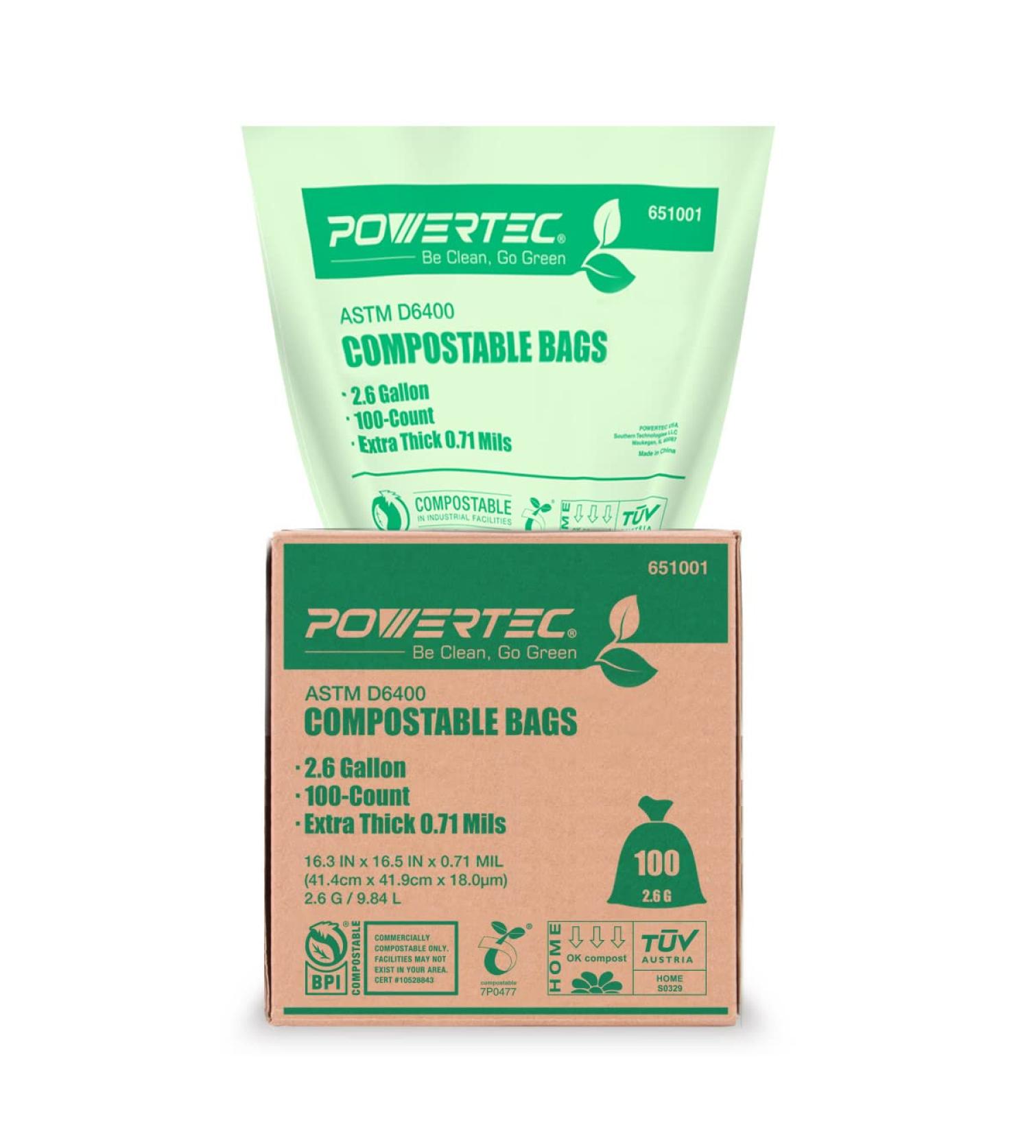 POWERTEC ASTM D6400 Certified Compostable Bags  100 Count | 9.84 Liter - 2.6 Gallon Trash Bags  0.71 Mil  US BPI and European OK Compost Home Certification - Sustainable Green Products 100 Count (Pack of 1) - Buy Online on GoSupps.com