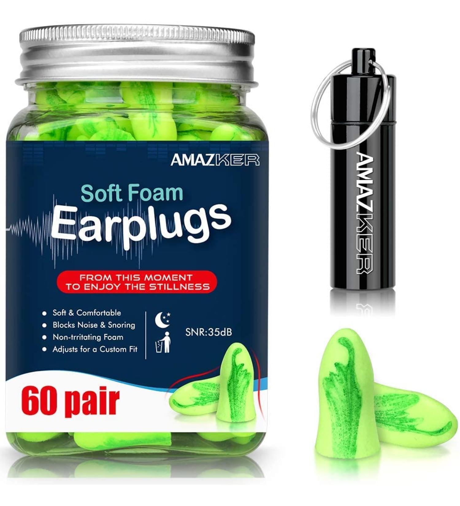 AMAZKER Bell-Shaped Ear Plugs 60 Pairs with Aluminum Carry Case - SNR-35dB Noise Reduction for Sleeping, Snoring, Study, Travel - Ultra Soft and Cordless - Bright Green - Buy Online on GoSupps.com