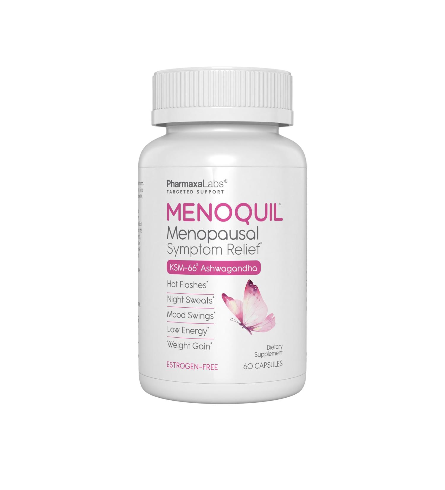 Menoquil Menopausal Multi-Symptom Relief - Support for Hot Flashes Night Sweats Mood Swings & Restful Sleep - Black Cohosh Ashwagandha Chasteberry Soy Isoflavones Grape Seed & Sage - 60 Capsules - Buy Online on GoSupps.com
