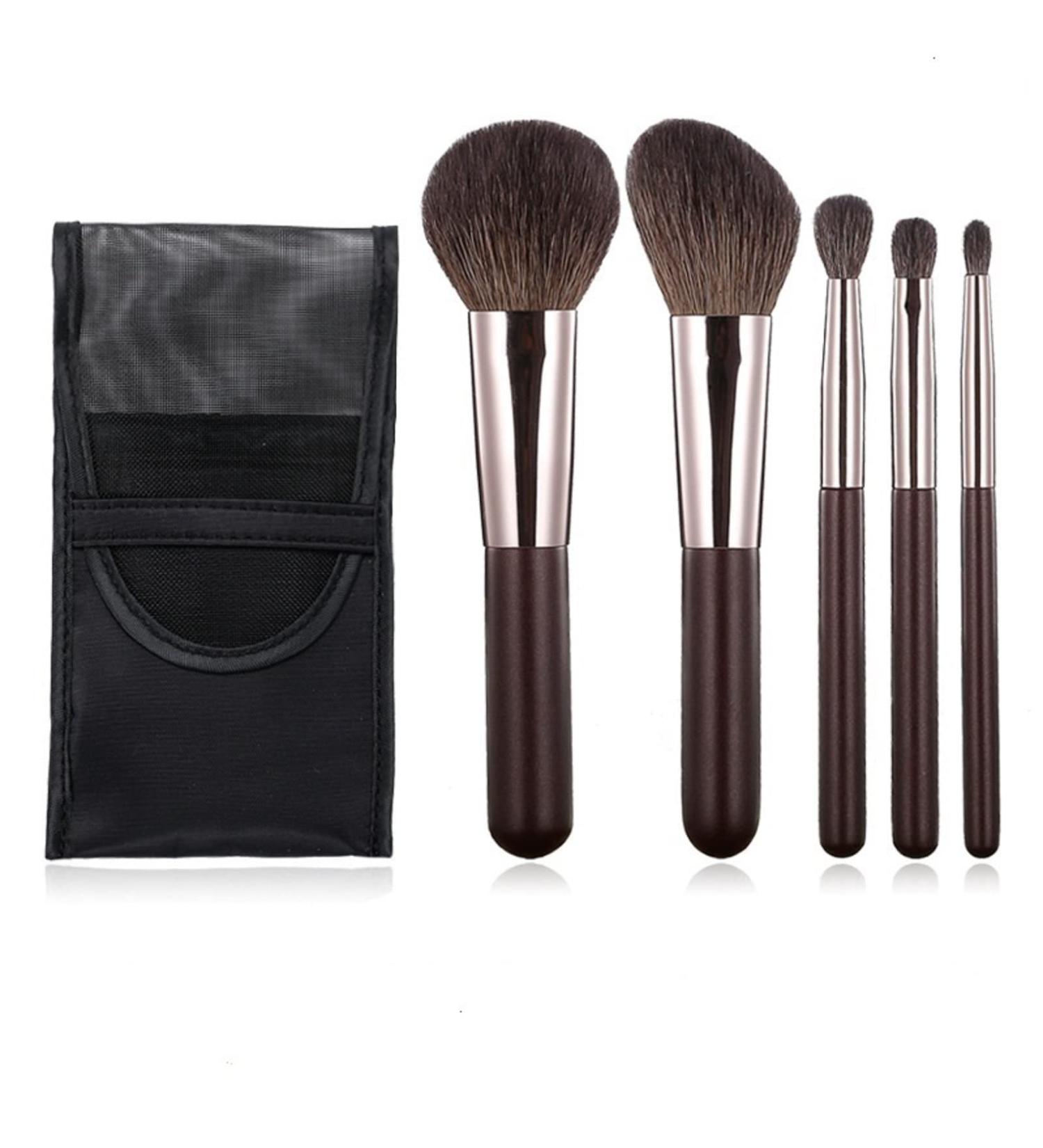 Travel Makeup Brushes Set w/Pouch Portable 5PCS Professional Mini Cosmetic Brushes Kit for Powder Blush Concealers Contouring Highlighting 5 PCS travel makeup brushes set