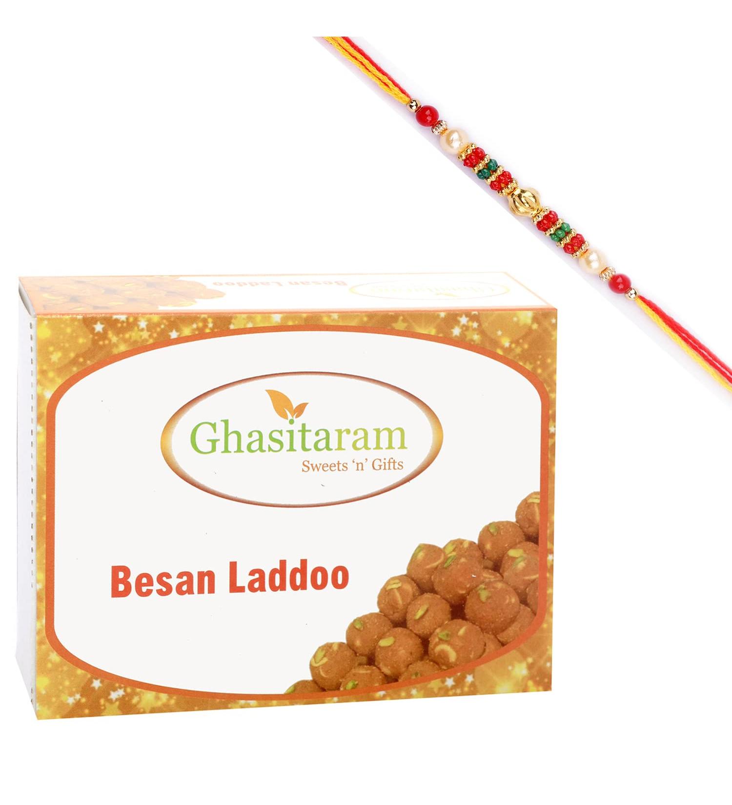 Ghasitaram Gifts Rakhi Gifts for Brothers Rakhi Sweets - Ghasitaram's Special Besan Laddoo (200 GMS) with Beads Rakhi - Buy Online on GoSupps.com