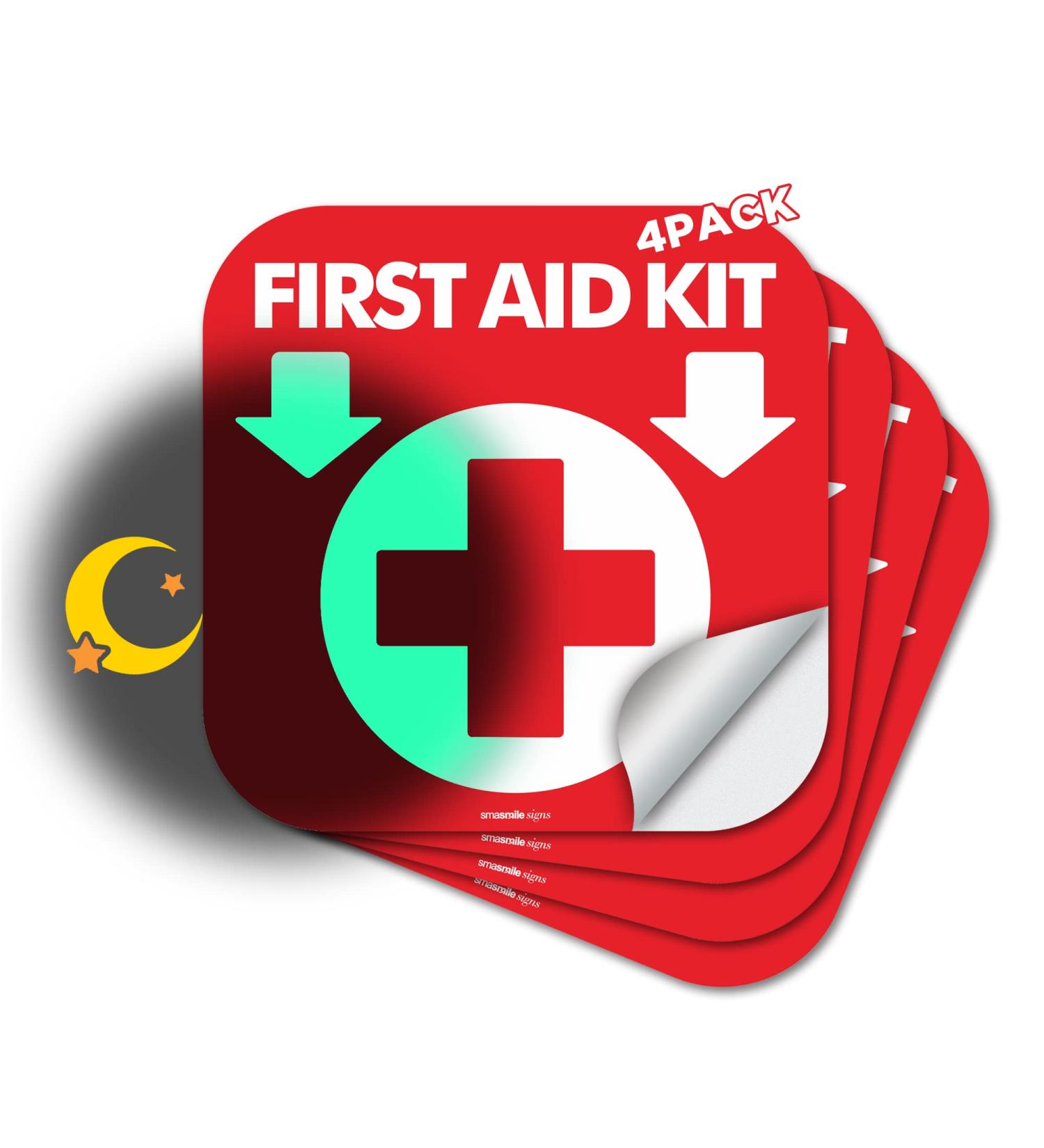 Glow in The Dark First Aid Kit Sign - 4 Pack 6x6 - Photoluminescent Stickers - Up to 8 Hours of Glow - Buy Online on GoSupps.com