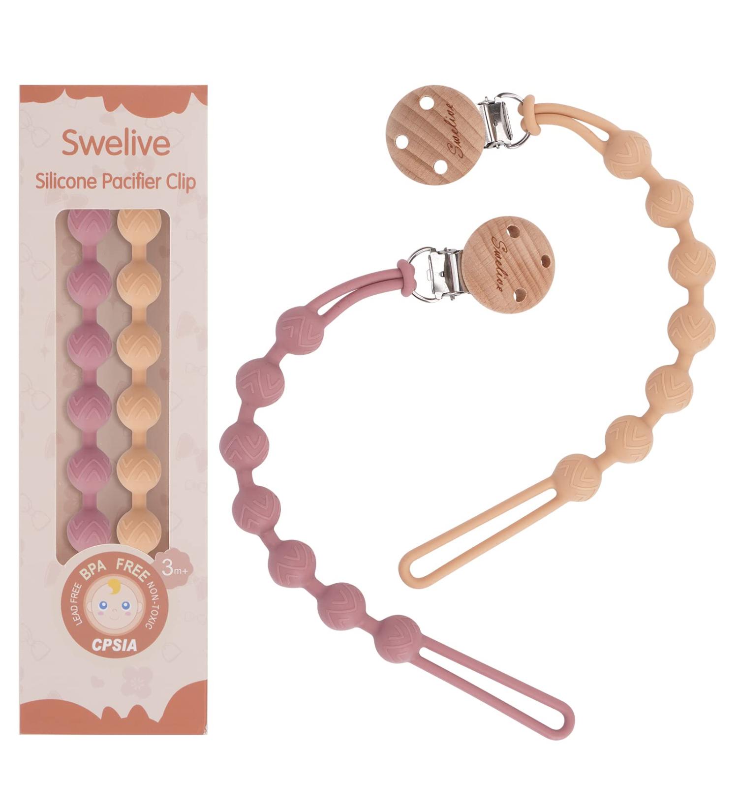Pacifier Clips 2 Pack for Baby Boys & Girls | Wooden Design Soothe Paci Holder | Ideal for Shower & Birthday Gift | Apricot+Dusty Rose - Buy Online on GoSupps.com