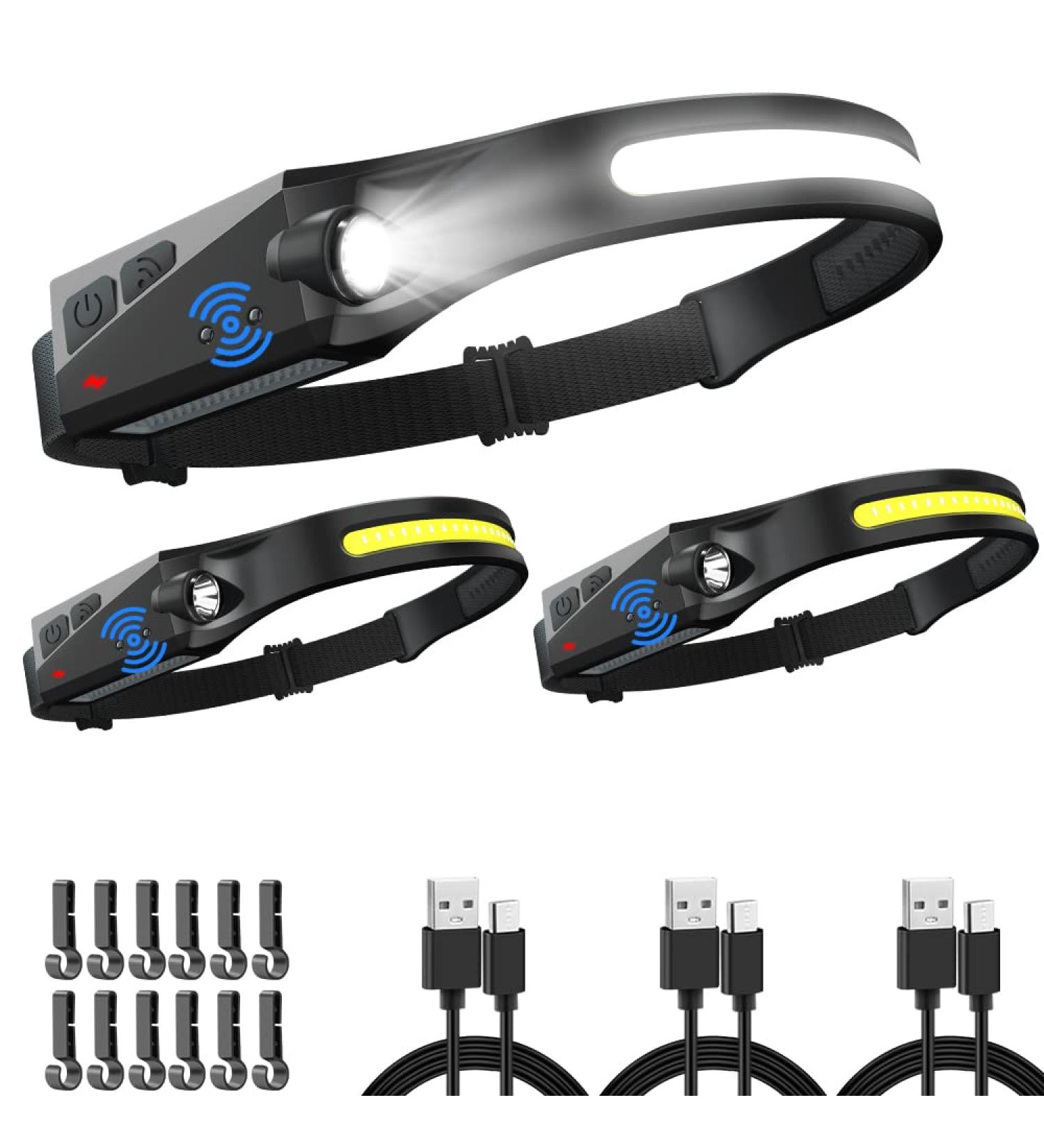 Rechargeable LED Headlamp 3-Pack with Motion Sensor | 230 COB Wide Beam, 5 Modes | Waterproof and Bright Headlights for Adults, Hardhat, Running, Camping - Buy Online on GoSupps.com