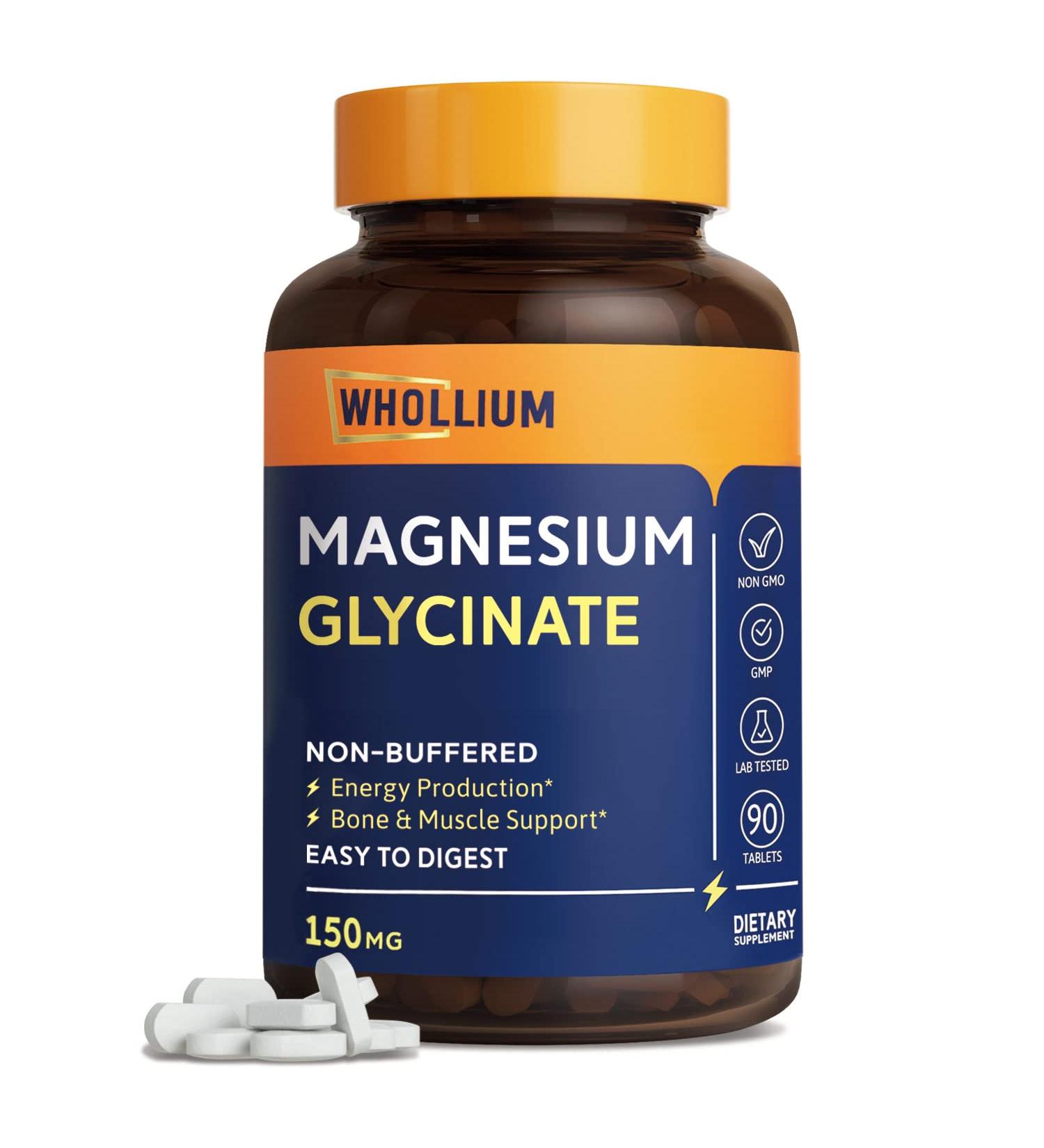 Whollium Magnesium Glycinate 150mg | Fully Chelated for Optimal Absorption | Gentle on Stomach | High Bioavailability | Muscle, Brain & Heart Health | 90 Tabs - Buy Online on GoSupps.com