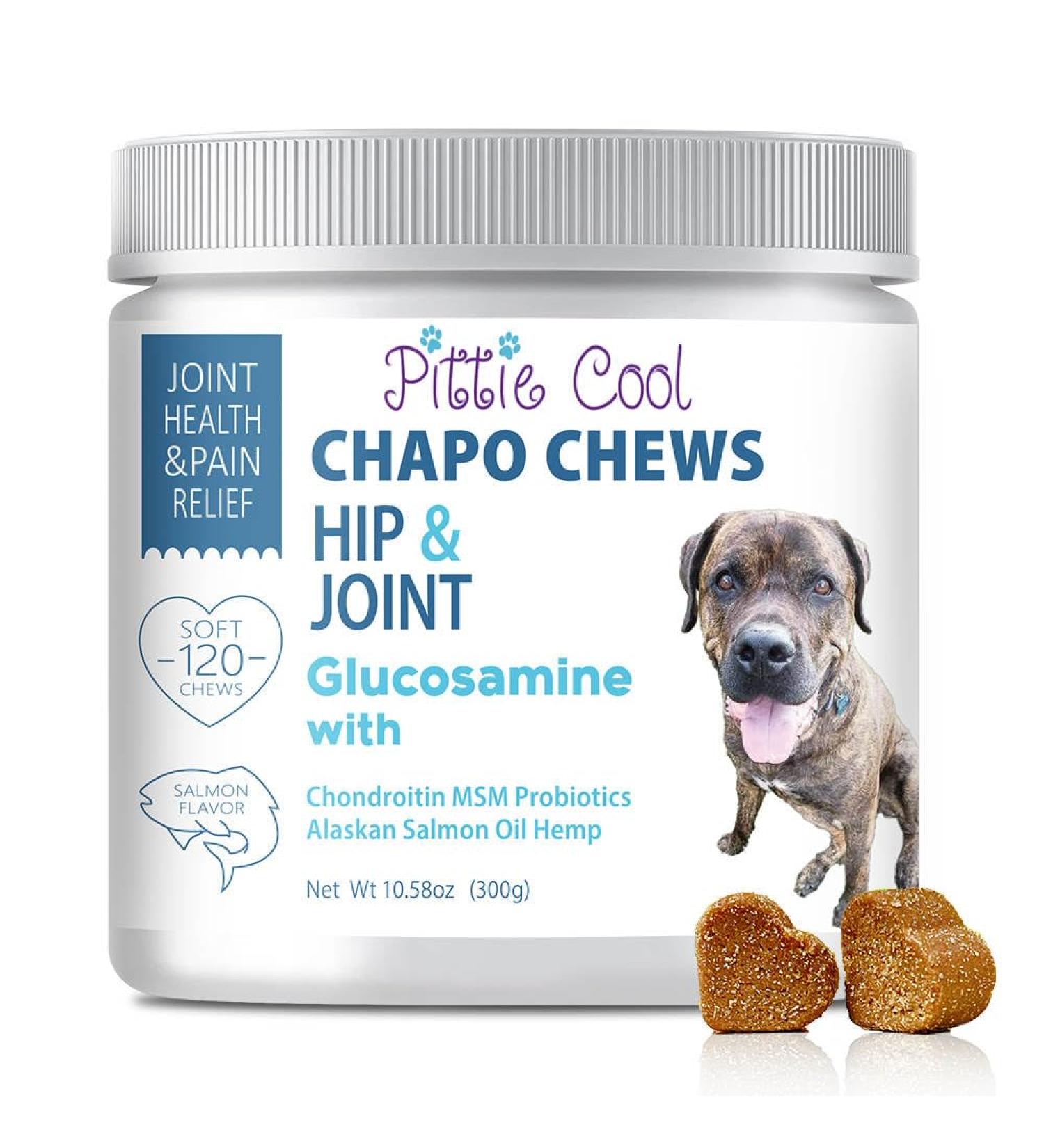 Pittie Cool Chapo Chews 120 Glucosamine Hip & Joint Supplement for Dogs Chondroitin MSM Probiotics Hemp & Salmon Oil. Treats Arthritis Pain & Inflammation Mobility Heart & Gut Health - Buy Online on GoSupps.com