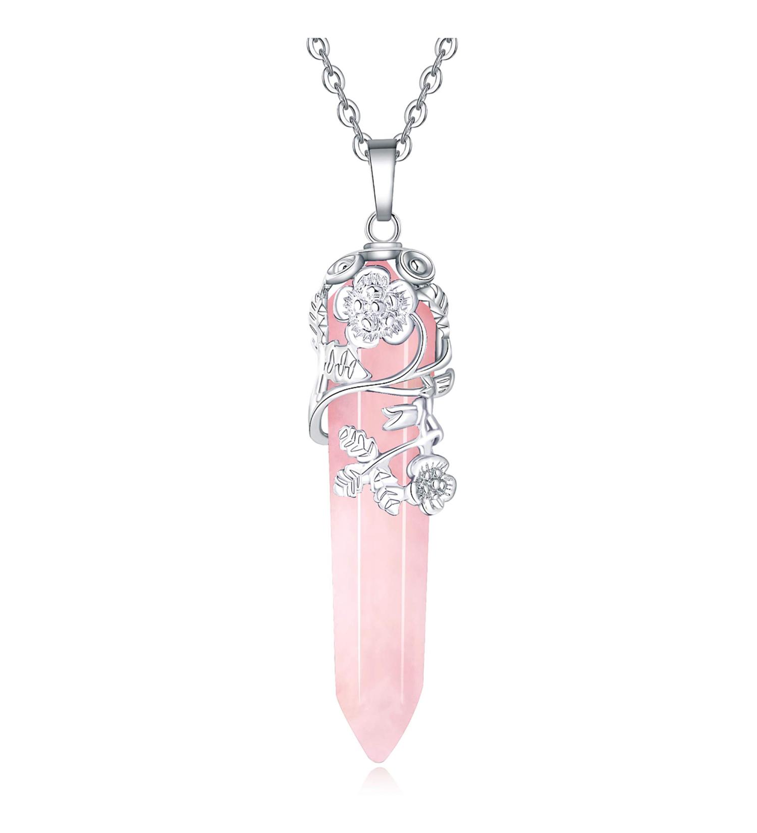 Rose Quartz Flower Wrapped Crystal Point Pendant Necklace for Women - Reiki Healing Gemstone Jewelry - Buy Online on GoSupps.com