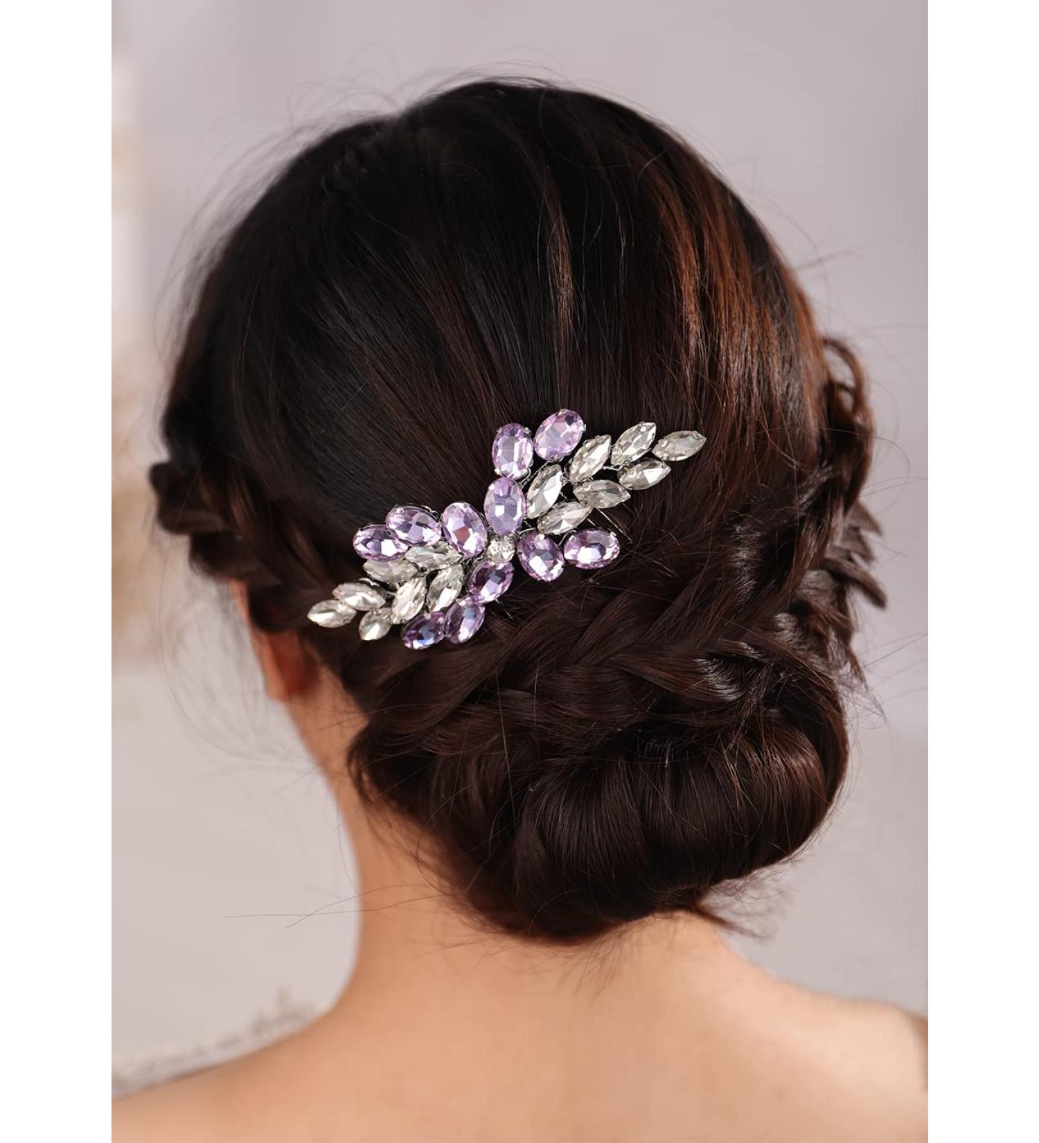 Deniferymakeup Bride Wedding Hair Comb Rhinestone Hair Piece Silver Rhinestone Headpiece Bridal Hair Accessories for Women and Girls (Purple) - Buy Online on GoSupps.com