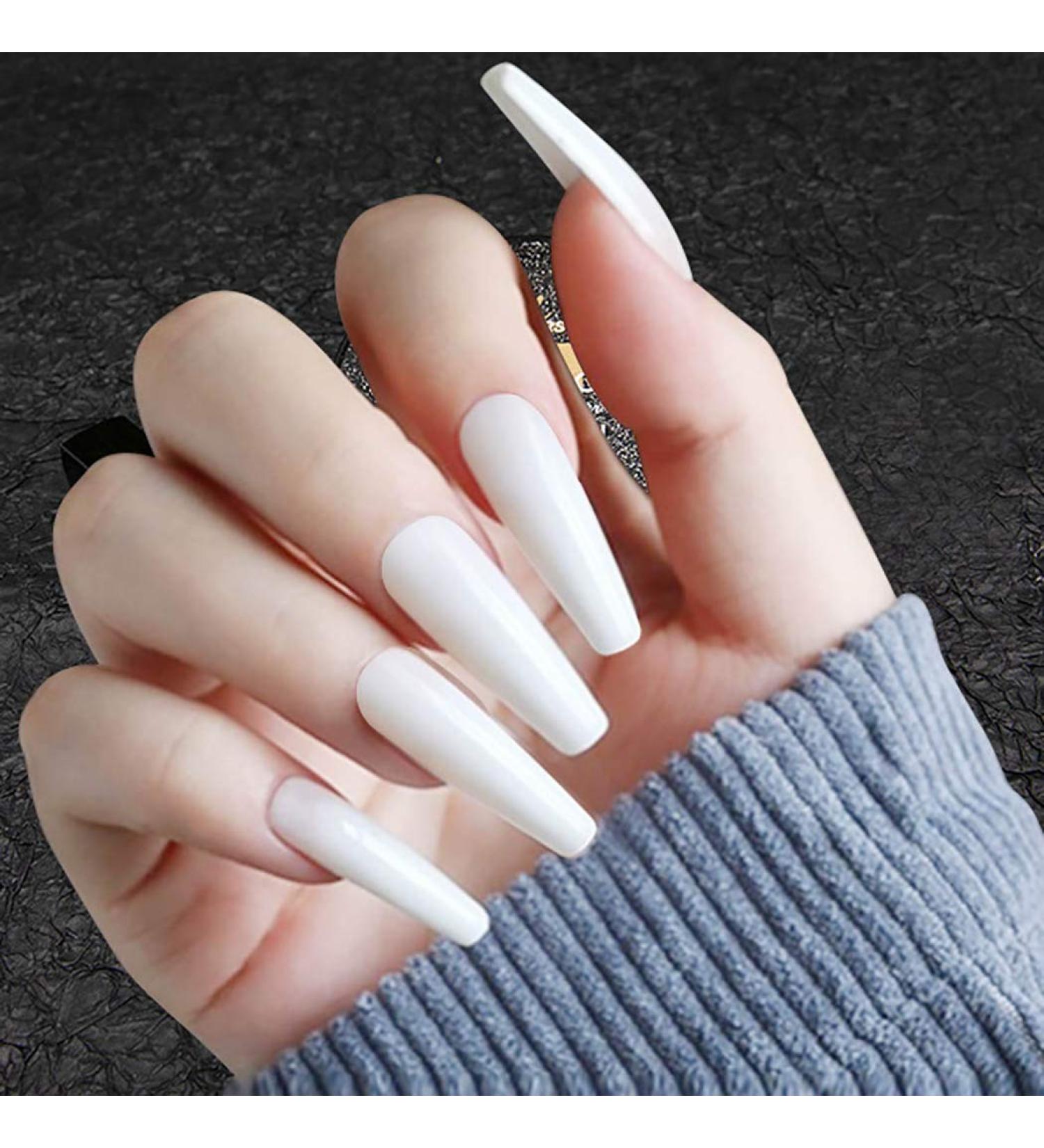 Sethexy Shiny Ballerina Long False Nails - Monochrome White Acrylic Nail Tips for Women & Girls - 20 Complete Covers - Buy Online on GoSupps.com