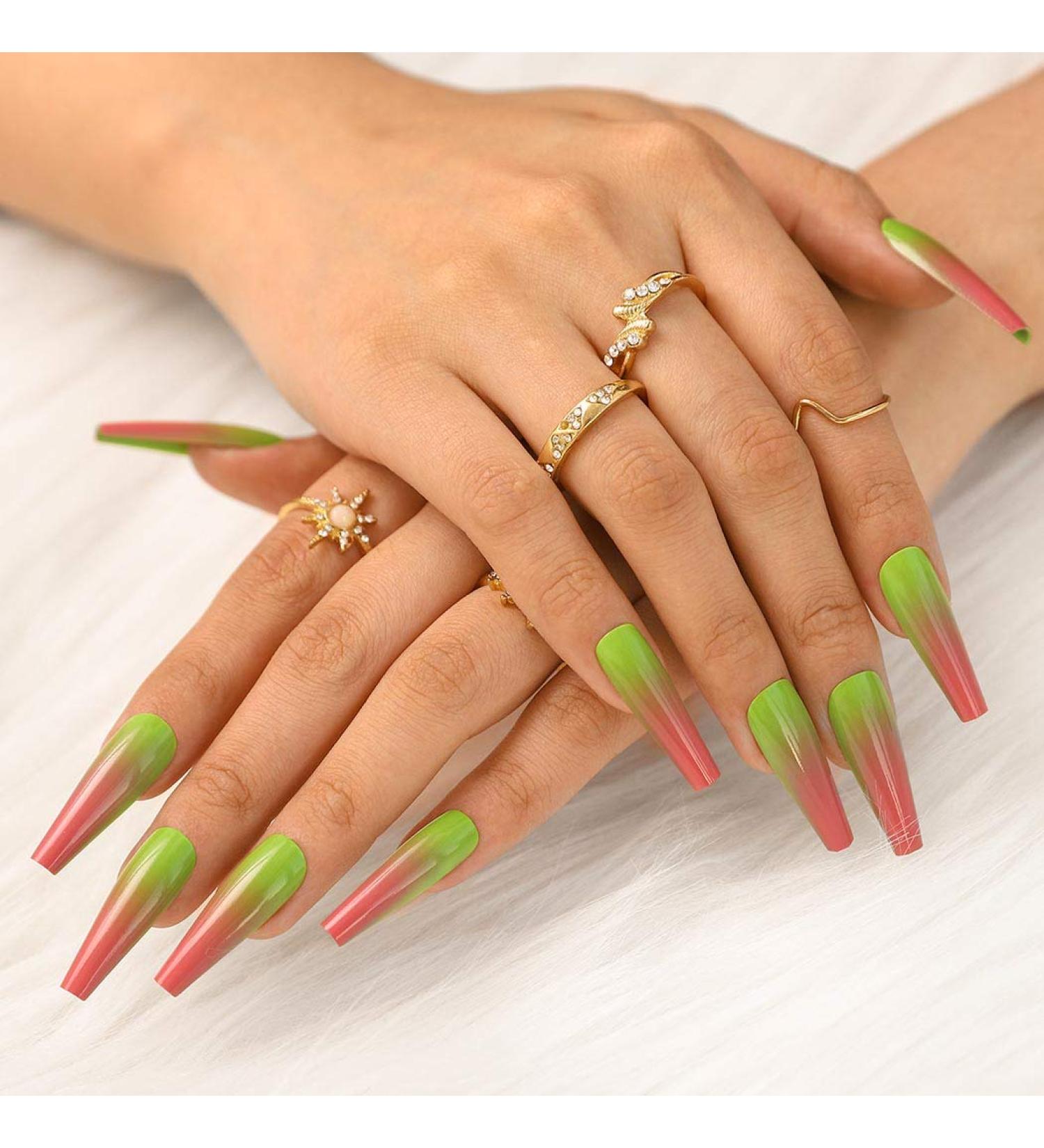 Bohen Long Coffin False Nails - Glossy Green Ballerina Press-On Nails for Women & Girls | 24 Pcs Party Set - Buy Online on GoSupps.com