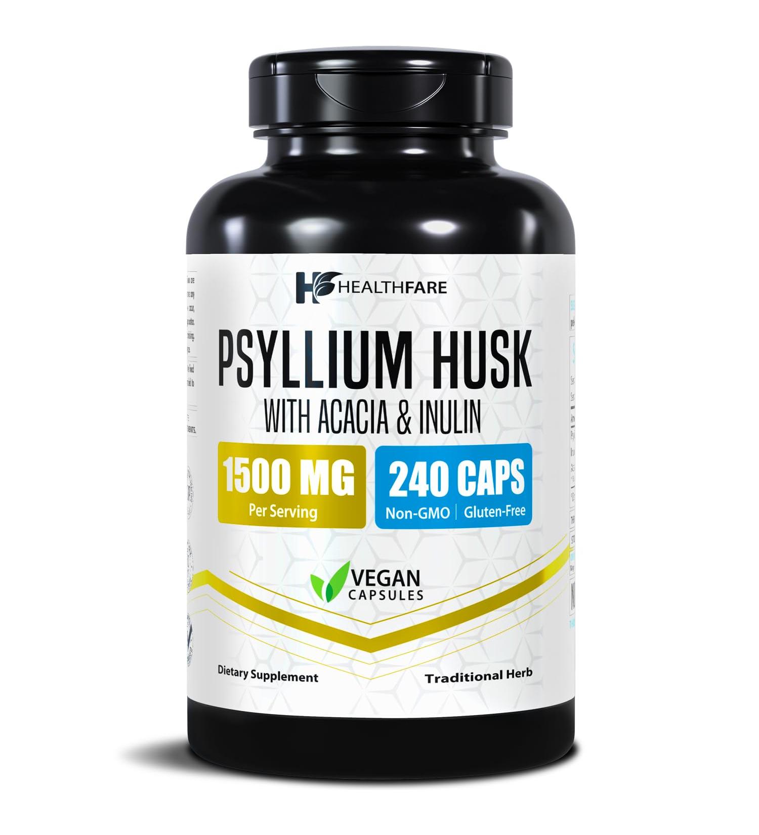Healthfare Psyllium Husk Fiber 1500mg | 240 Vegan Capsules | Extra Strength Fiber Supplement | Supports Digestive Health | Non-GMO Gluten-Free | Made in USA 240 Count (Pack of 1) - Buy Online on GoSupps.com