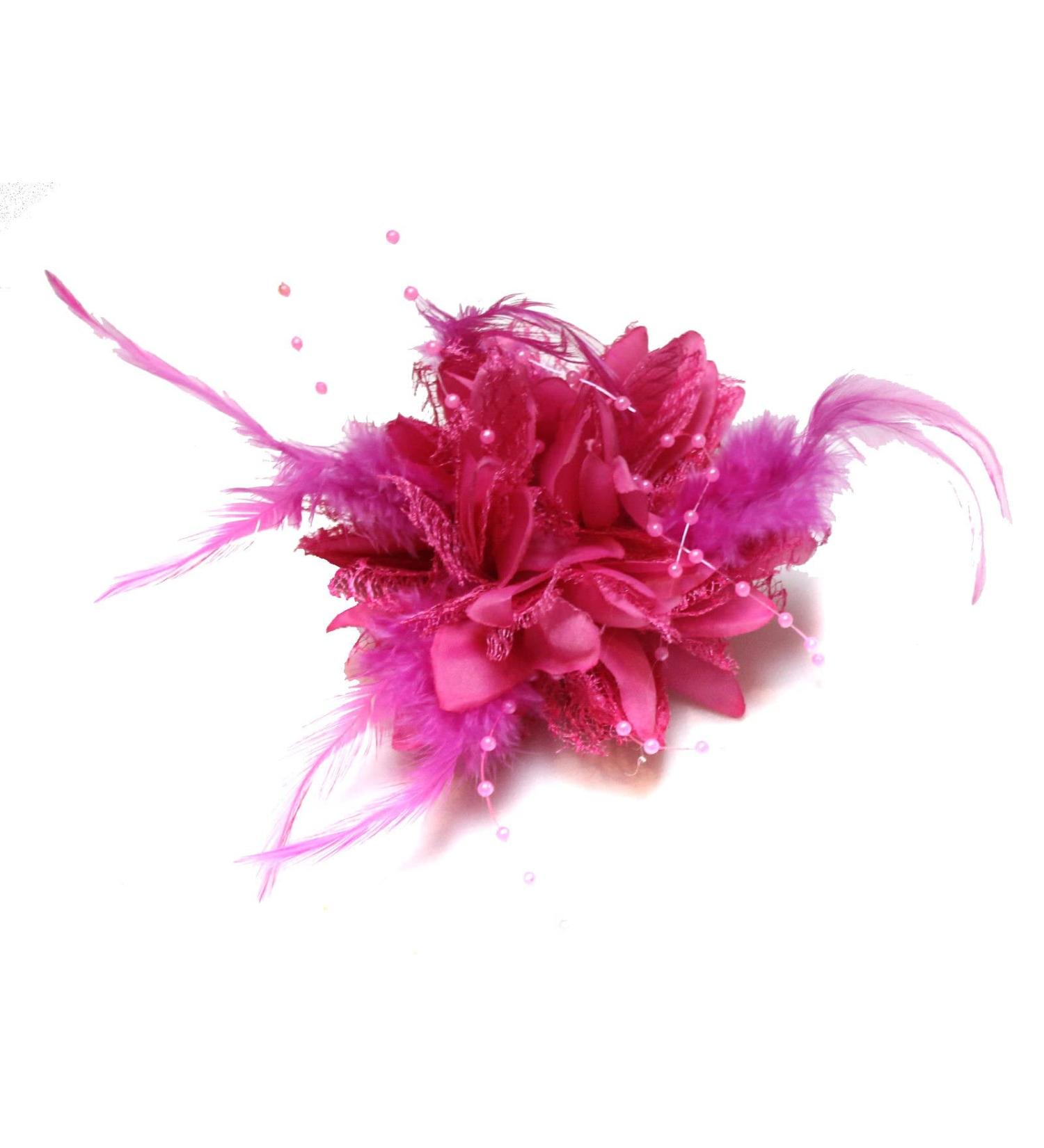 Flower Feather Bead Corsage Hair Clip Fascinator Set (Fuchsia Hot Pink) - Buy Online on GoSupps.com