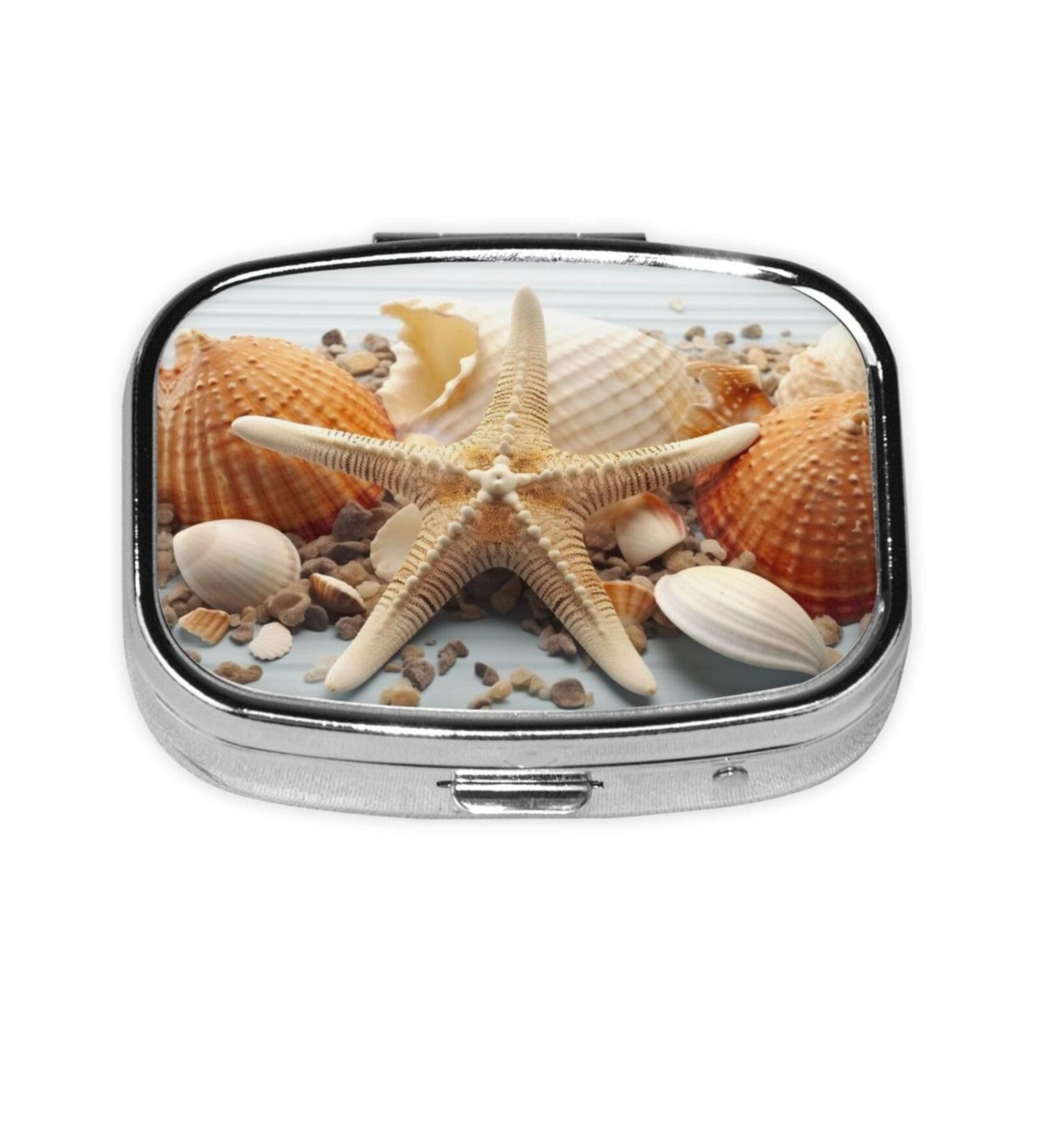 Starfish & Shells Cute 2 Compartment Pill Case | Small Travel Pill Box Organizer for Purse & Gifts - Buy Online on GoSupps.com