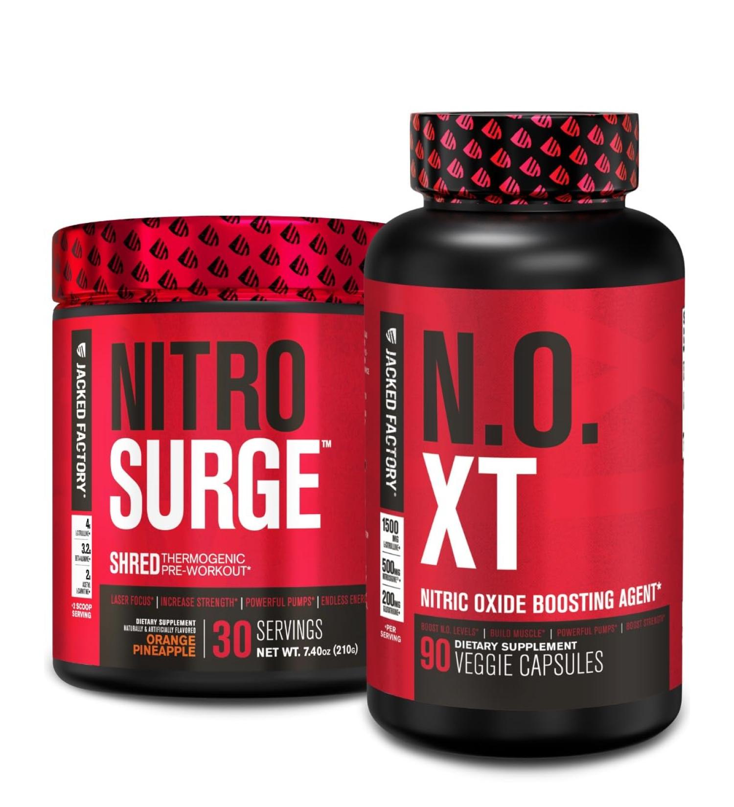 Jacked Factory Nitrosurge Shred Thermogenic Pre-Workout in Orange Pineapple & N.O. XT Nitric Oxide Booster for Men & Women - Buy Online on GoSupps.com