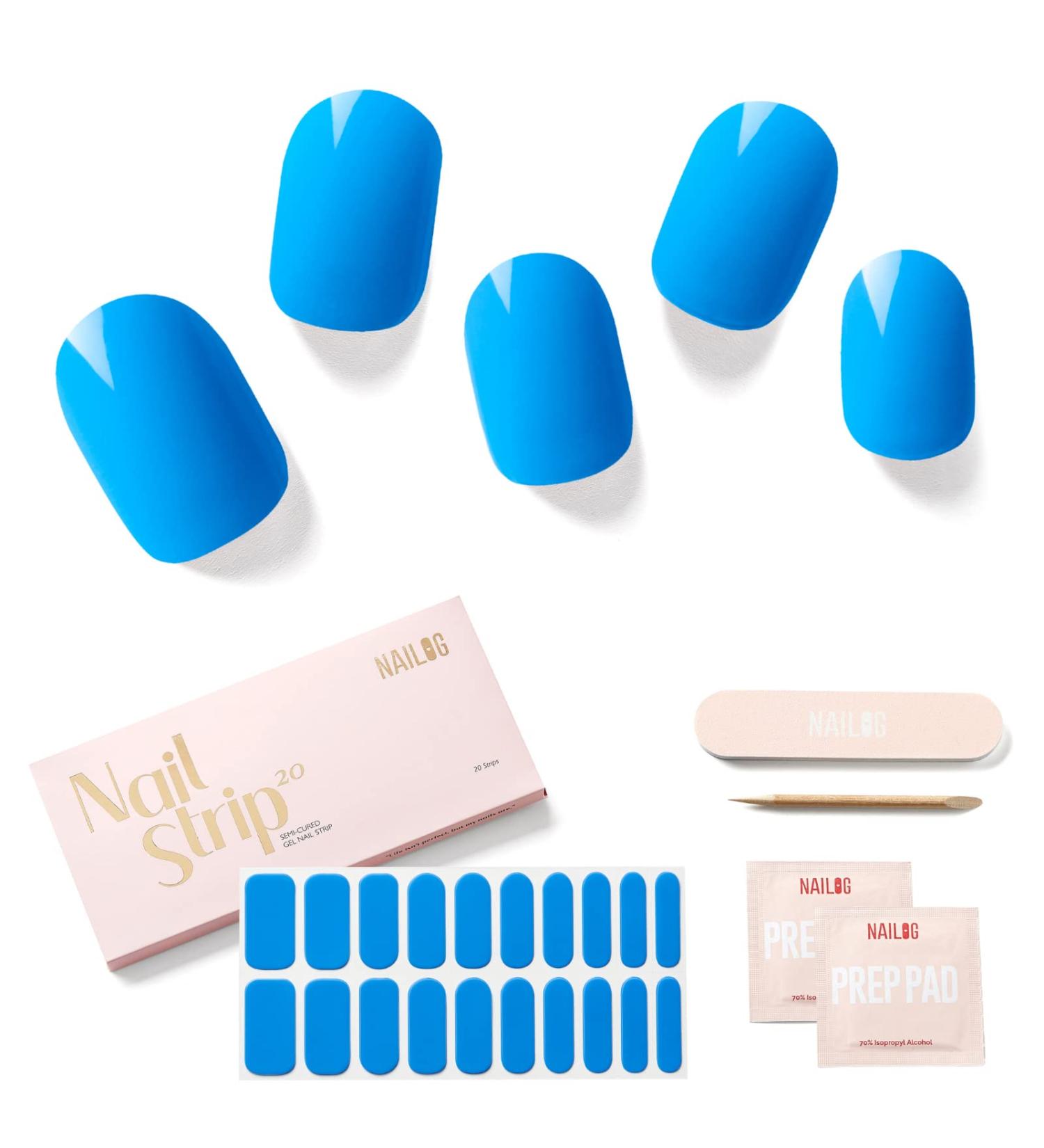 Buy Nailog Semi Cured Gel Nail Strips - 20 Extra Long Glossy Stickers | Buy 2 Get 1 Free UV Lamp | Long Lasting Soft Gel Finishing - Butterfly Blue - Buy Online on GoSupps.com