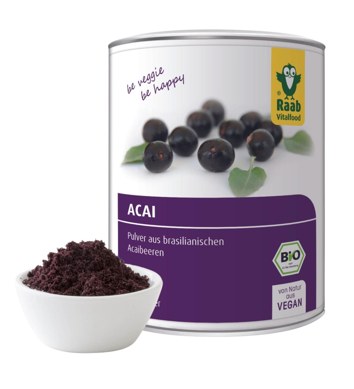 Raab Vitalfood Organic Acai Powder - Vegan Gluten-Free Pure Brazilian Superfood with Polyphenols & Anthocyanins - 80g Can - Buy Online on GoSupps.com
