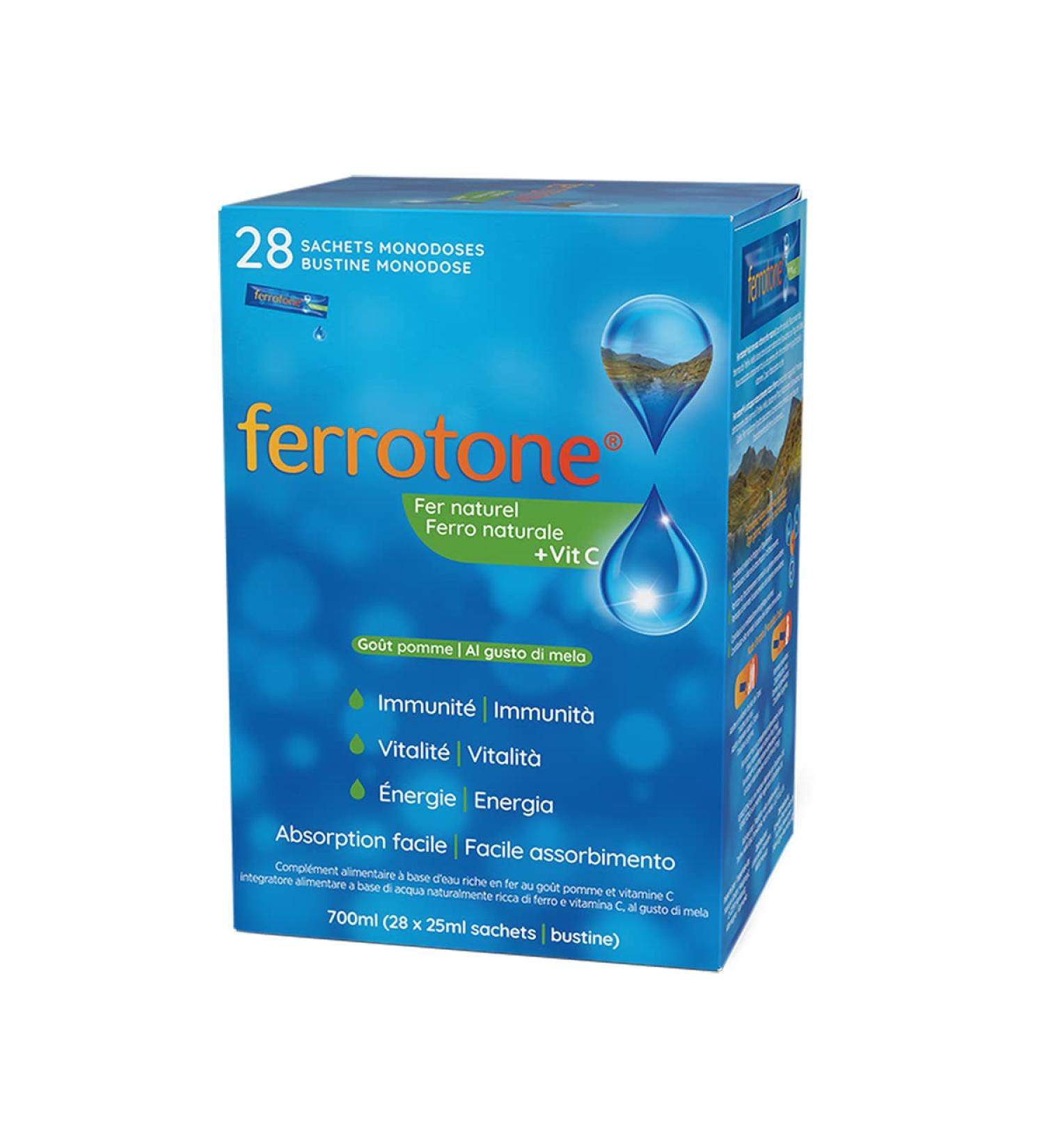Ferrotone Iron Rich Water Food Supplement with Iron Apple Flavor and Vitamin C Your Vitality and Immunity to Natural 28 Sachets of 25 ml - Buy Online on GoSupps.com