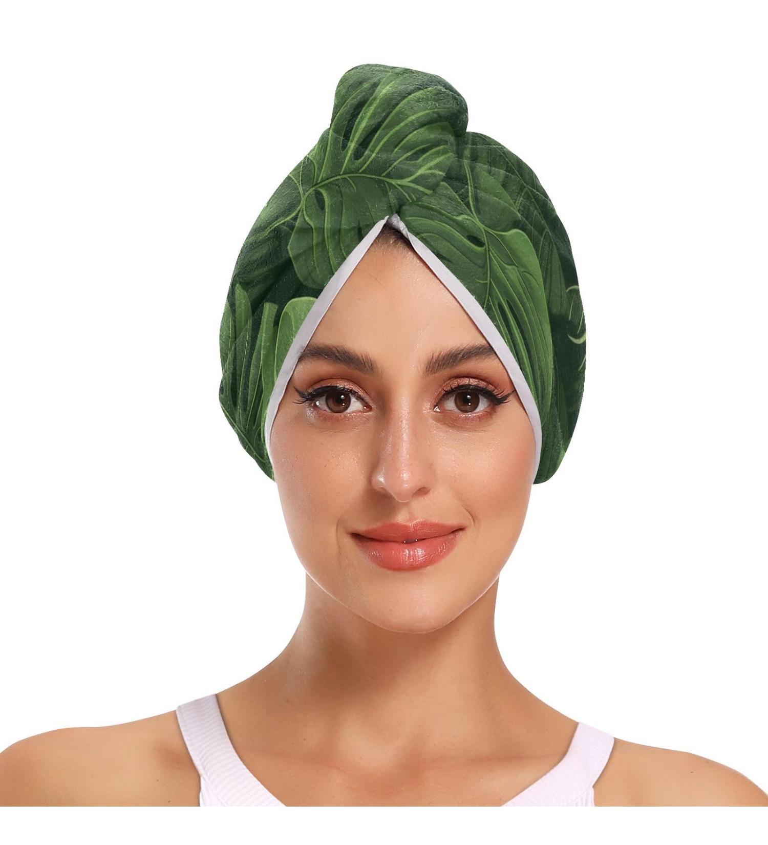 Tropical Green Leaves Hair Towel 2 Pack | Super Absorbent Quick Dry Turbans for Women & Girls - Buy Online on GoSupps.com