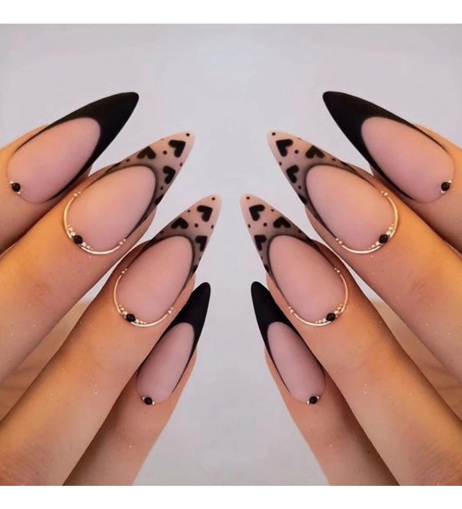 JUSTOTRY 24 Pcs Stiletto False Nails Short Black and Pink French Leopard Pattern with Nail Glue - Almond Stick on Nails for Women - Nail Art BL1 - Buy Online on GoSupps.com