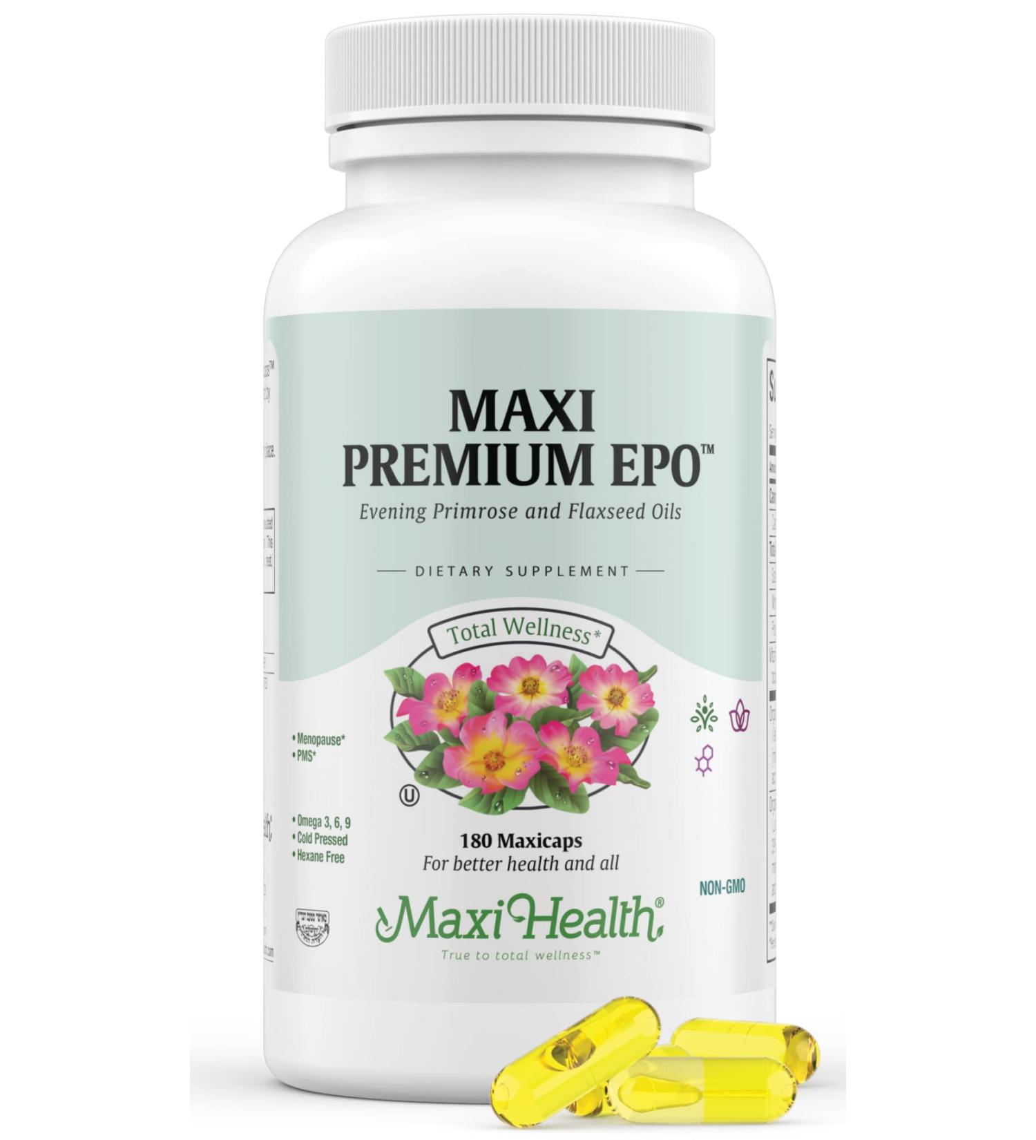 Maxi-Health Evening Primrose & Flax Seeds Oil Softgels - 180 Count Vegan Omega 3 6 9 Supplements for Skin, Hair & Joints - Kosher Certified Organic - Buy Online on GoSupps.com