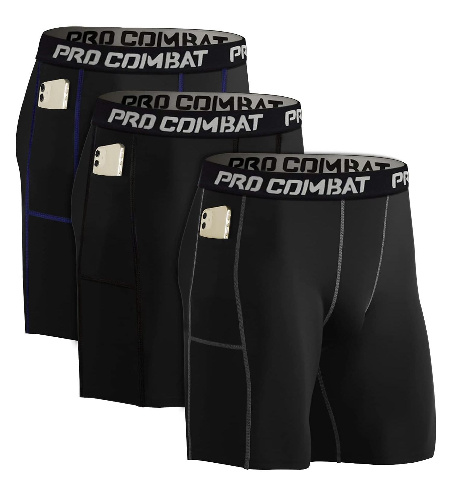 Men's Compression Shorts 3 Pack with Pocket - Black, Large | Running, Gym, Cycling, Yoga, Swimming - Buy Online on GoSupps.com