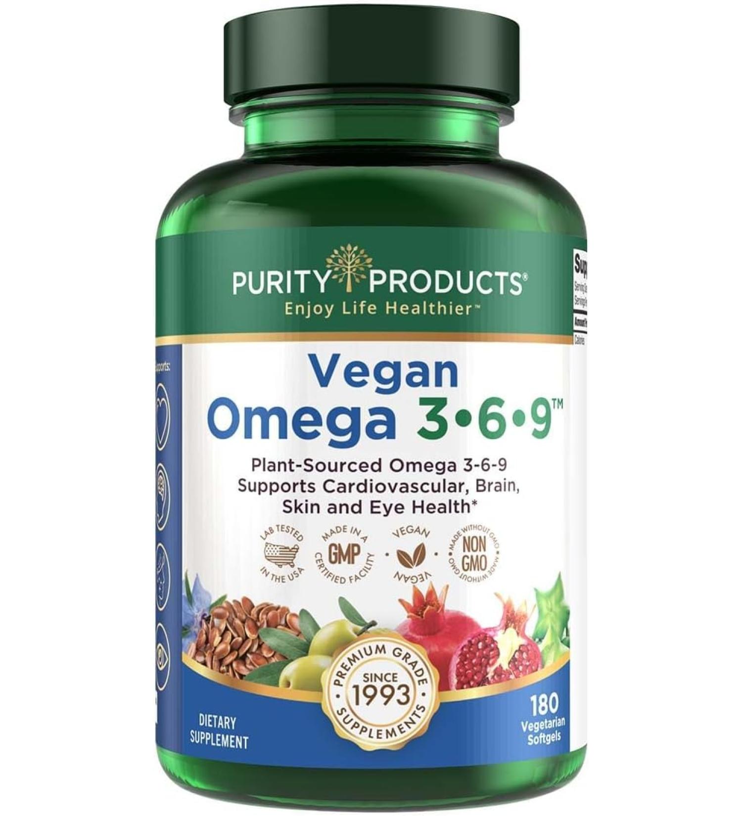 Purity Products Omega 3-6-9 Vegan Omega Formula - “5 in 1” Essential Fatty Acid Complex - Scientifically Formulated Plant-Based Omega 3 6 9 Essential Fatty Acids (EFA) - 3 Month Supply - 180 Softgels - Buy Online on GoSupps.com