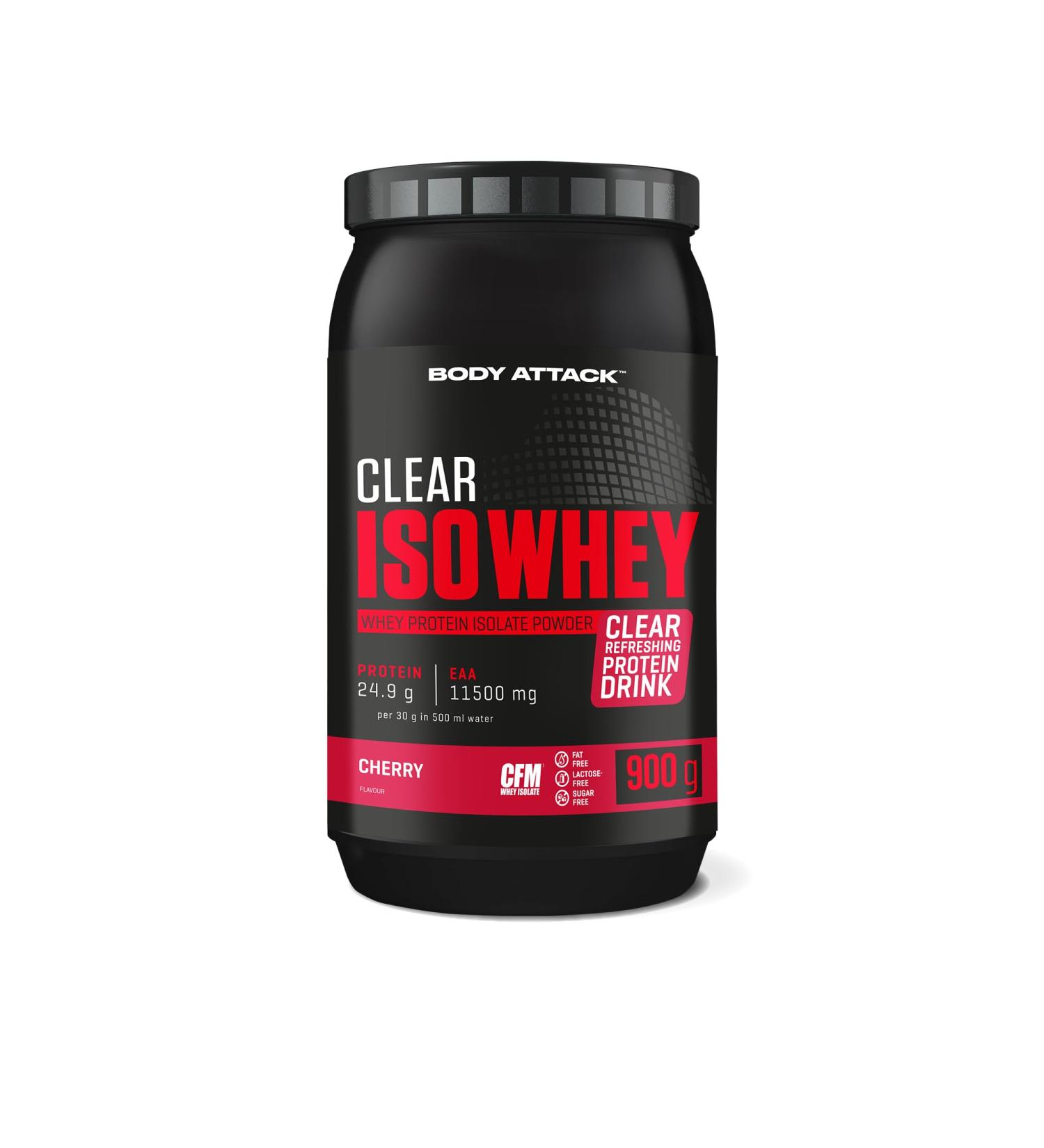 Body Attack Clear Iso Whey - Cherry Flavor - 900g | Sugar & Fat-Free Whey Protein Isolate | 24g Protein & 11 400mg EAAs | Made in Germany - Buy Internationally - Buy Online on GoSupps.com