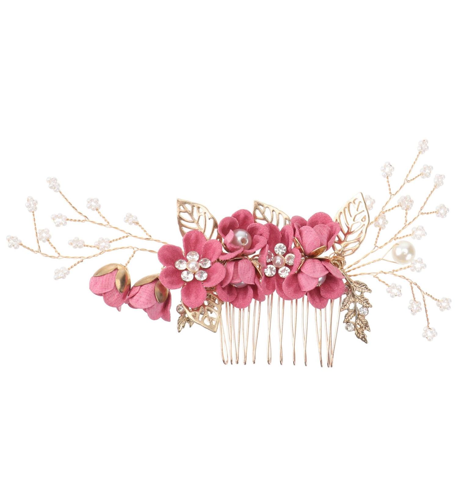 Lurrose Bride Wedding Hair Comb Combs for Hair Rhinestone Pearls Leaf Hair Piece Crystal Hair Side Comb for Women and Girls Rosy - Buy Online on GoSupps.com