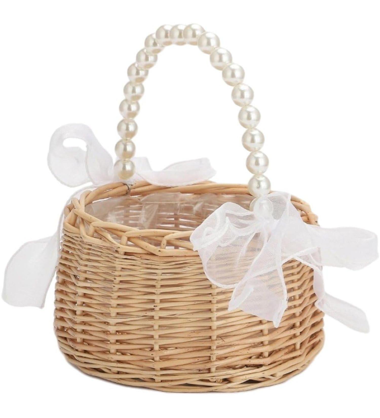 Wicker Rattan Flower Girl Basket with Pearl Handle and Bow Hand Woven Wicker Basket Candy Basket with Ribbon for Wedding - Buy Online on GoSupps.com