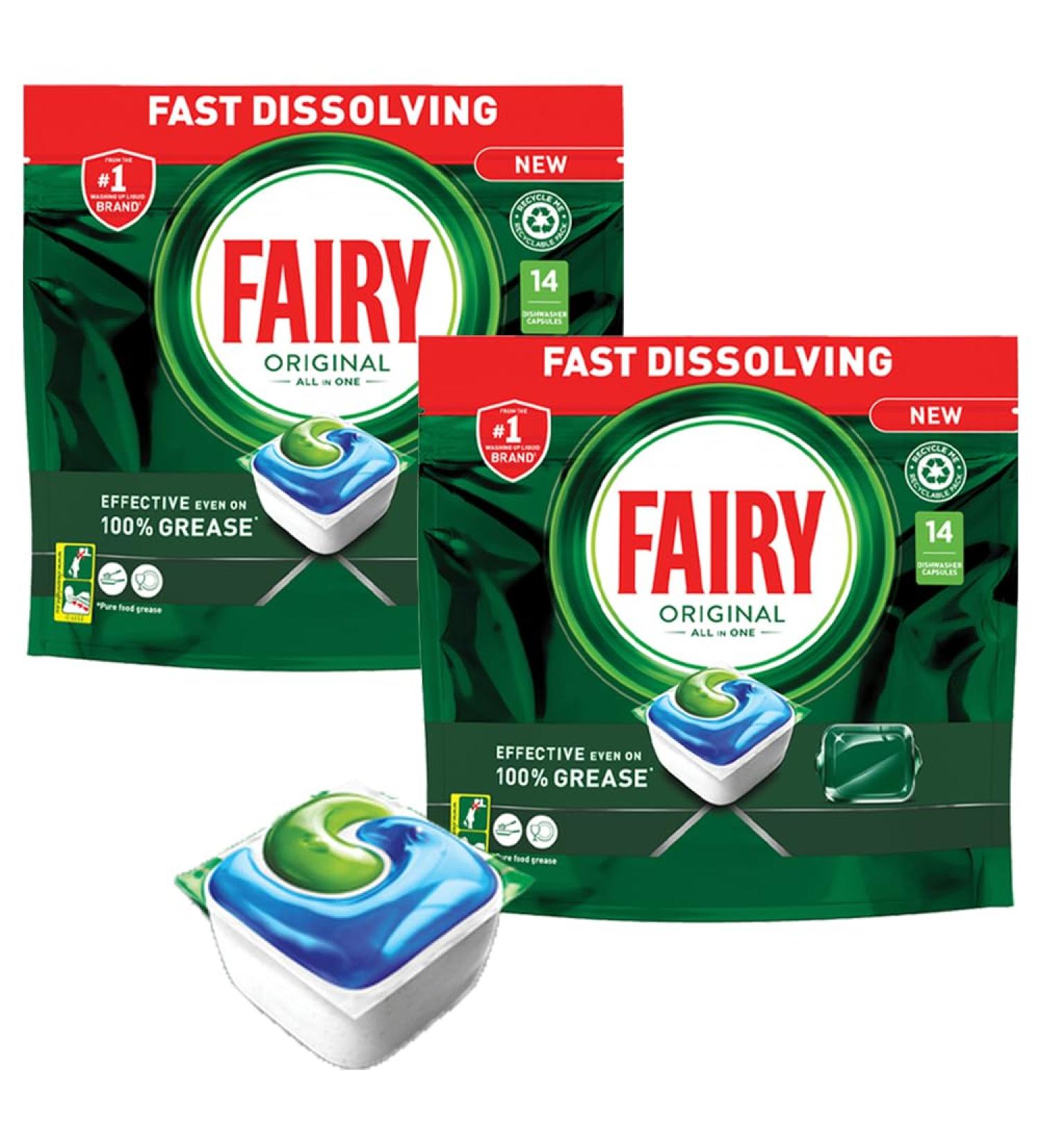 Fairy Original All in One Dishwasher Pouches Food Grease Water Stains Remover Cleaner Detergent Shiny Glasses Washing Up Liquid 14pk Pack of 2 with Welari Thank You Card | (2pack) (2x189g) - Buy Online on GoSupps.com
