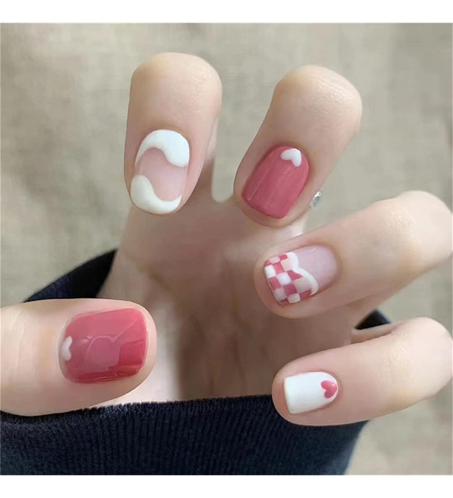 Square Short Fake Nail Full Cover with Glue Detachable French Heart Press on Nails 24 Pieces Finger Nail Art Tips for Nail Salons and Women DIY Nail Art - Buy Online on GoSupps.com