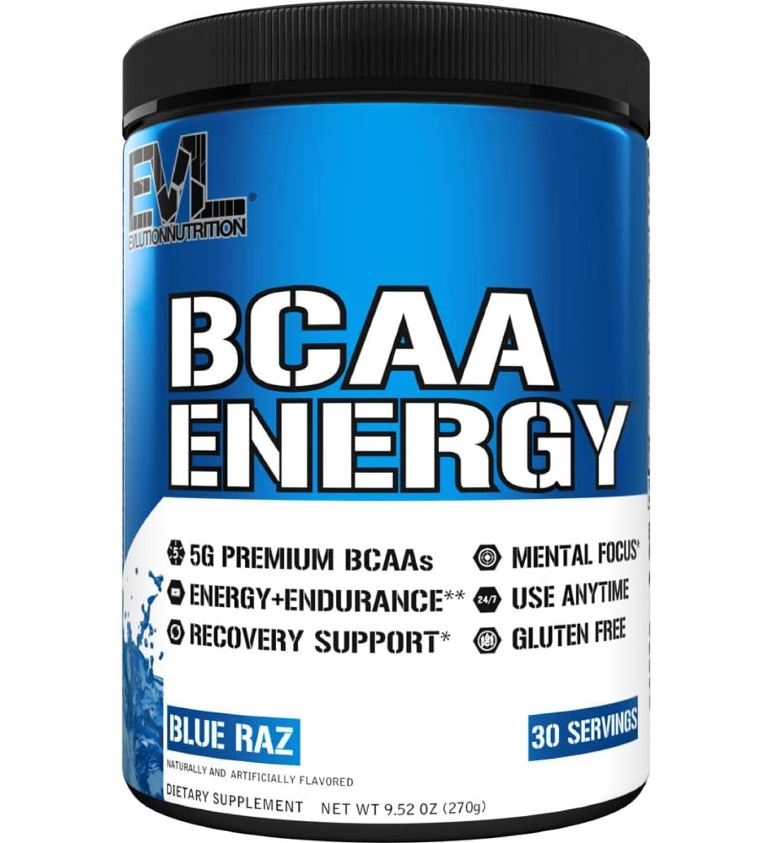 Evlution Nutrition BCAA Anytime Energy Powder - Pre Workout Powder with BCAAs Amino Acids Post Workout Recovery Drink Vitamin C Vitamin B12 Muscle Recovery Endurance (30 Servings Blue Raz V2) - Buy Online on GoSupps.com