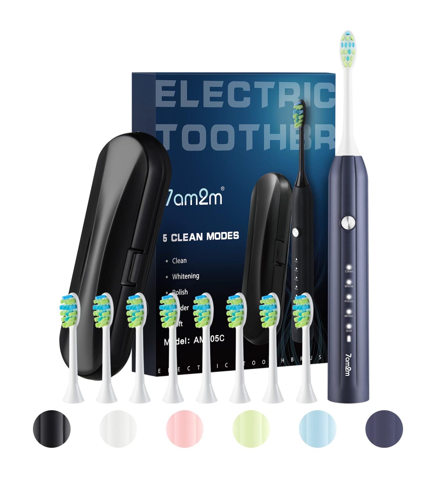 7am2m Sonic Electric Toothbrush for Adults and Kids with Travel Case and 8 Brush Heads 5 Modes with 2 Minutes Build in Smart Timer Roman Column Handle Design (Navy Blue) Navy Blue With Travel Case - Buy Online on GoSupps.com