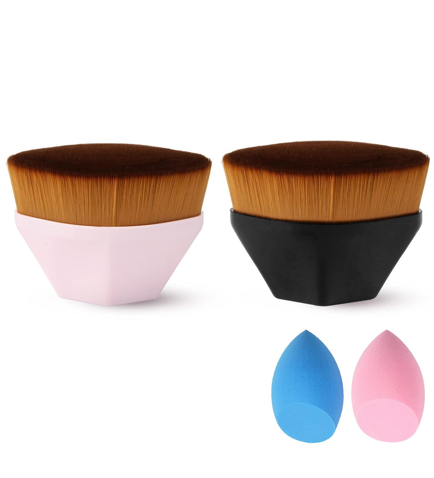 Flat Top Kabuki Foundation Makeup Brush 2 Pack - Multi-functional for Liquid, Cream, and Powder Cosmetics - with Portable Case - Black and Pink - Buy Online on GoSupps.com