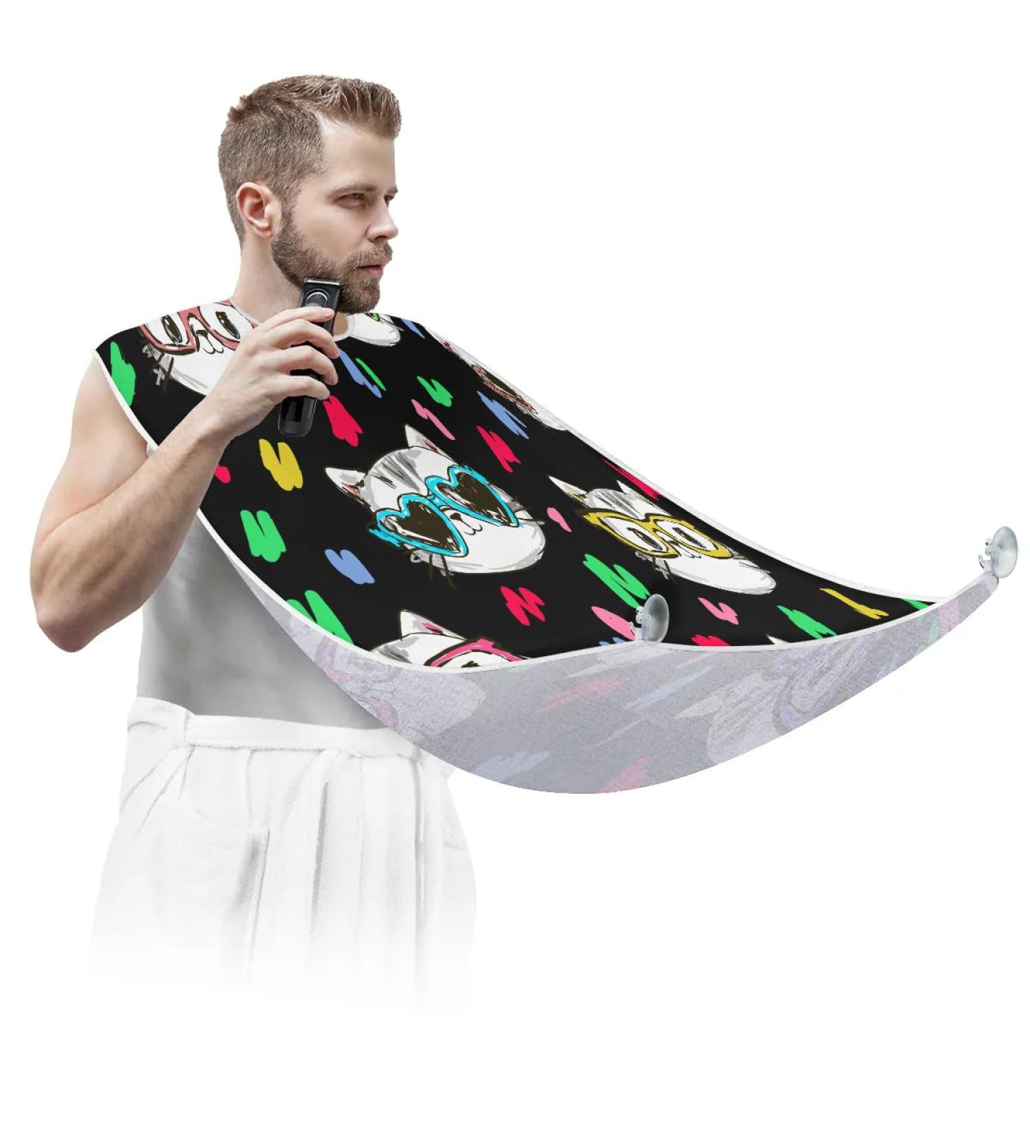 Beard Bib Apron for Men - Non-Stick Waterproof Hair Catcher with Colorful Cat Pattern | Perfect for Shaving & Trimming - Buy Online on GoSupps.com