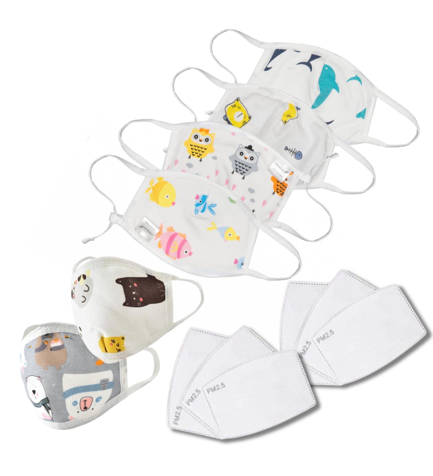 KaWaii Kids Face Cloth Masks for Children & Teens (2-5T) - 4-Layer Waterproof Cotton Pack of 6 + 6 PM2.5 Pads Fun Animal Designs - Buy Online on GoSupps.com