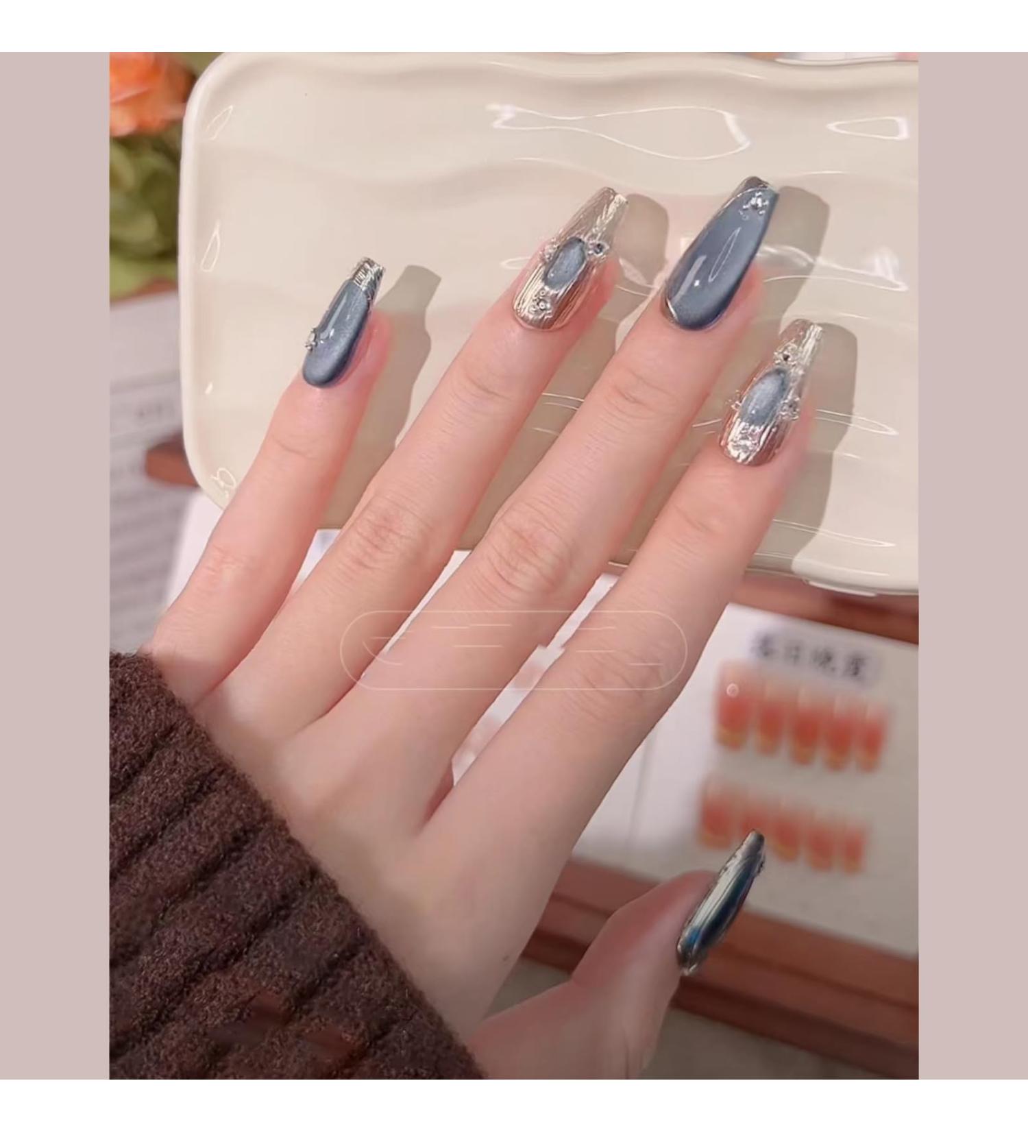 Handmade manicure finished fake nail patches blue cat eye long style wearing nails reusable (Size : XS) 1 count (Pack of 1)