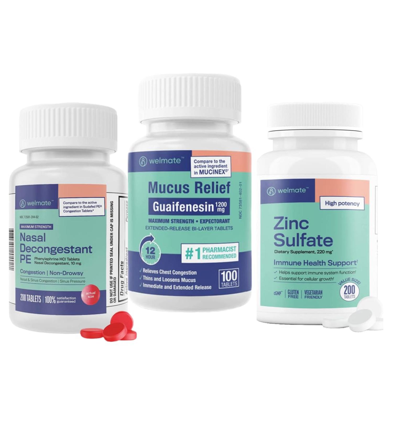 WELMATE Ultimate Cold & Allergy Relief Bundle: Maximum Strength Guaifenesin 1200 Mg Mucus Relief (100 Tablets) Phenylephrine HCl 10 mg Nasal Decongestant (200 Tablets) & Zinc Sulfate 220mg - Buy Online on GoSupps.com
