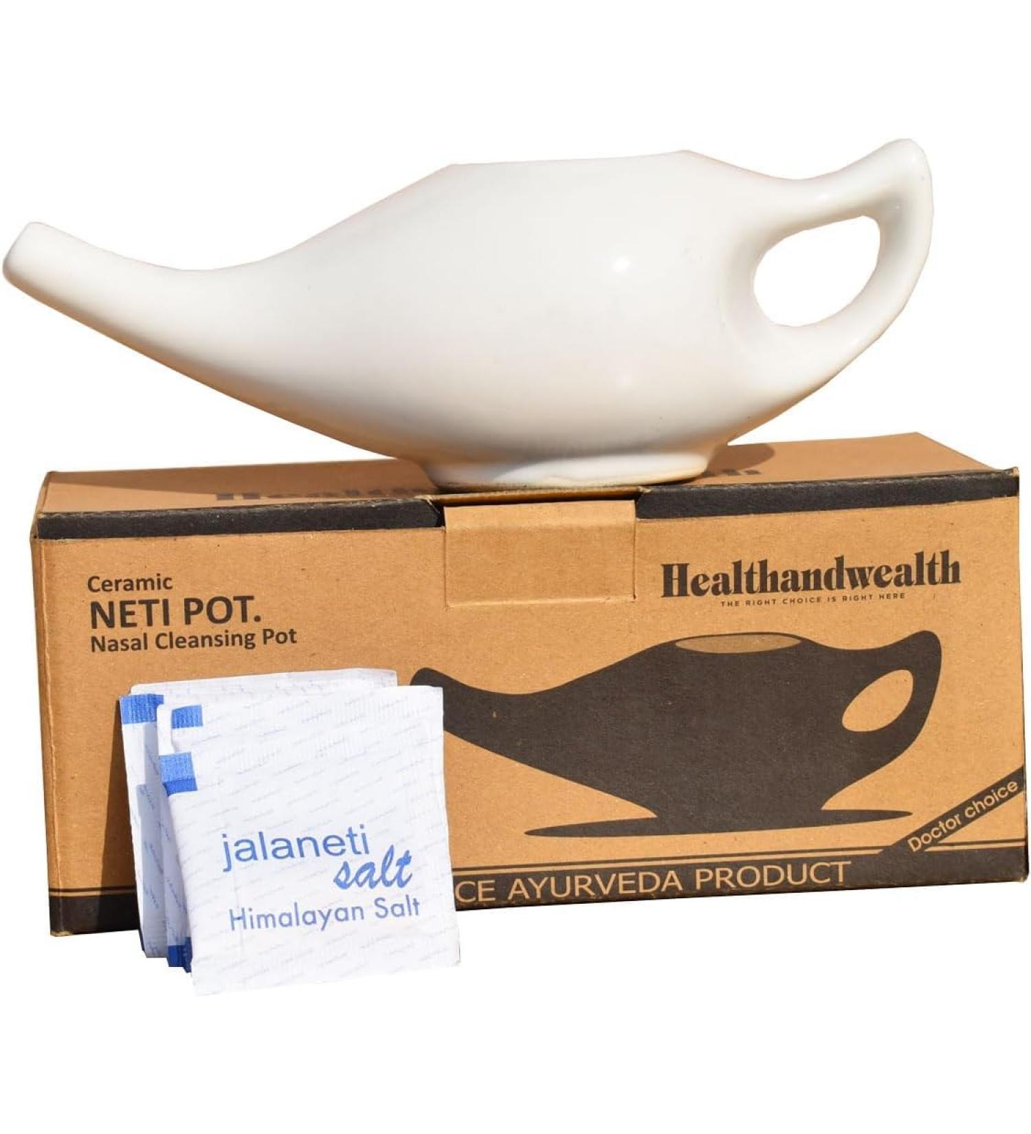 HEALTHANDWEALTH Durable Ceramic Neti Pot - Non-Metallic - Comfortable Grip - Microwave and Dishwasher Friendly + 10 Sachet Neti Salt 225 Ml. (7.6 FL Oz) Capacity (White) - Buy Online on GoSupps.com