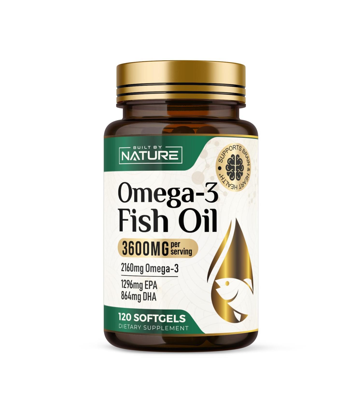 Built by Nature Omega-3 Fish Oil 3600mg High EPA & DHA 2160mg Omega 3s per Serving Triple Strength Burpless Softgels Heart & Brain Support 120 Softgels 120 Count (Pack of 1)