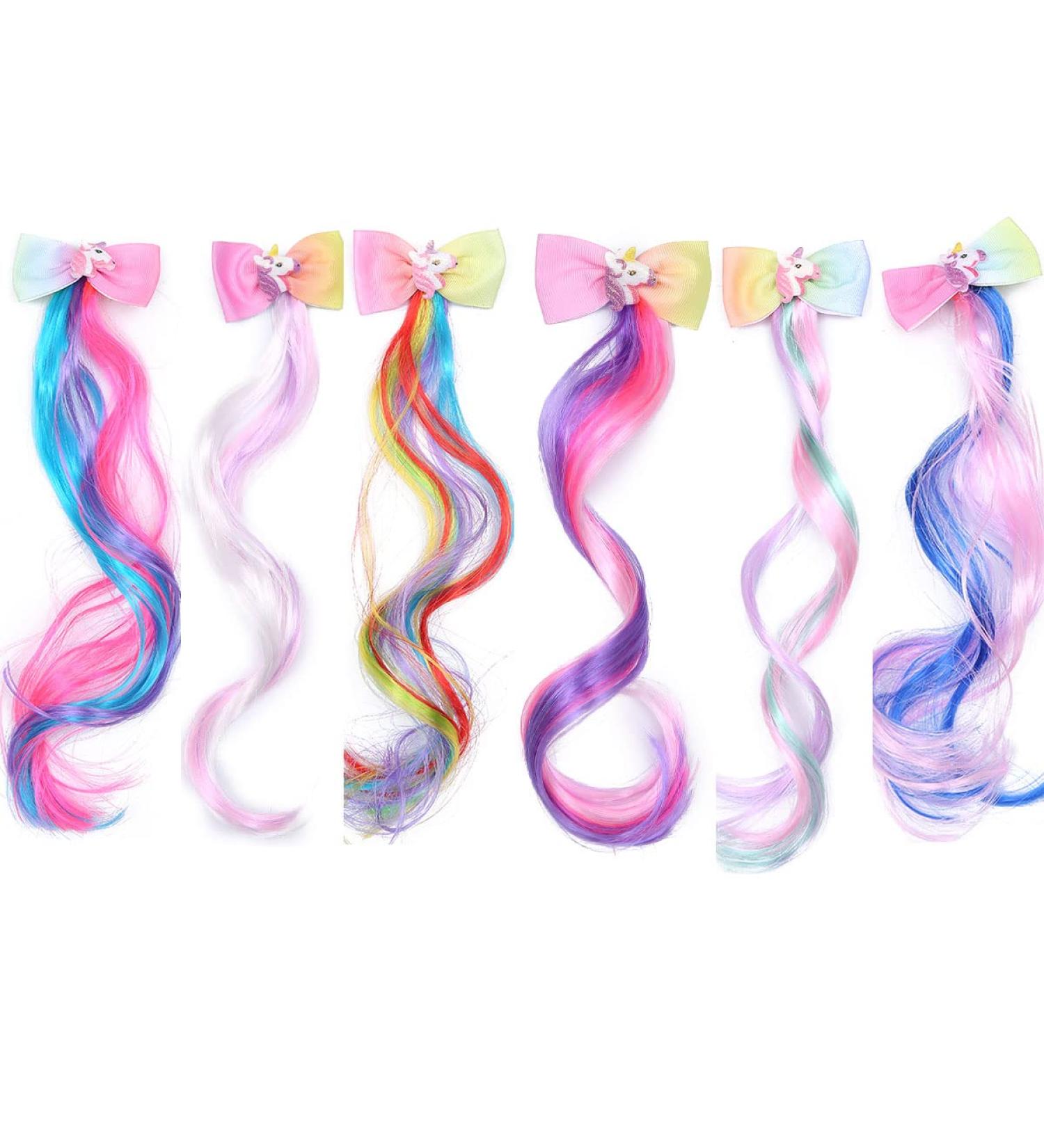 6-Piece Unicorn Hair Clips with Colored Wigs & Curly Ponytails - Princess Dress Up Headdress for Christmas - Multicolor - Buy Online on GoSupps.com