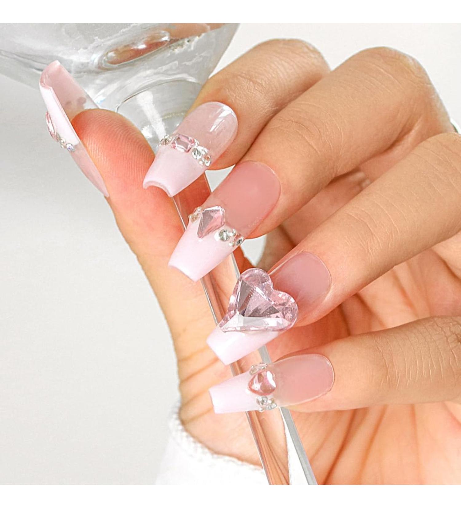 Sethexy Handmade French Long Coffin False Nails - 3D Crystal Love Heart Design Salon Quality Press-On Acrylic Nail Art for Women & Girls International Shipping - Buy Online on GoSupps.com