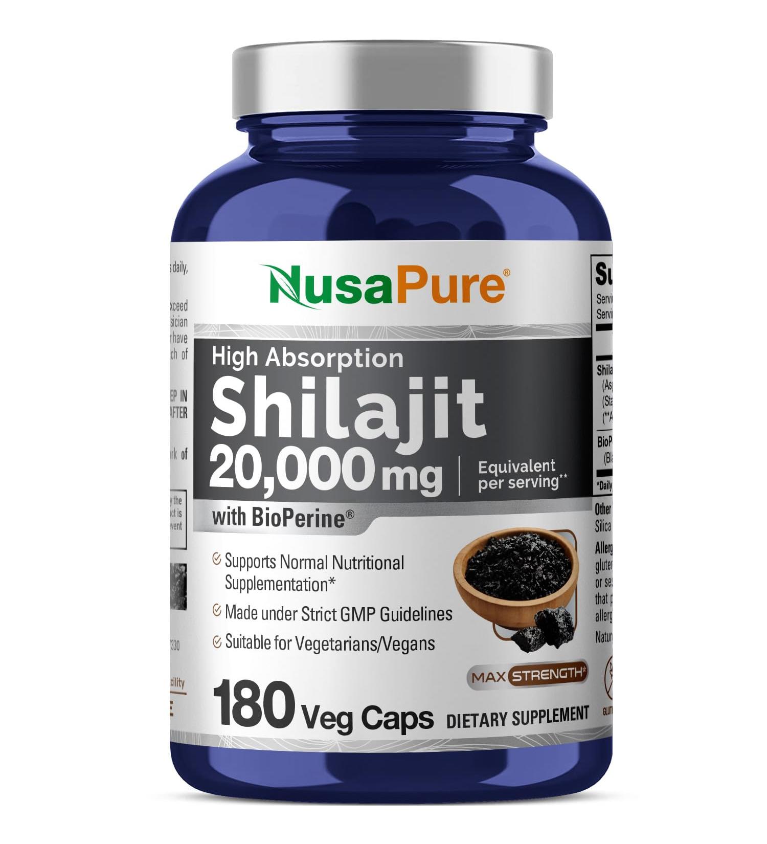 NusaPure Shilajit 20 000mg per Serving 180 Veggie Caps Non-GMO Gluten Free Bioperine 180 Count (Pack of 1) - Buy Online on GoSupps.com