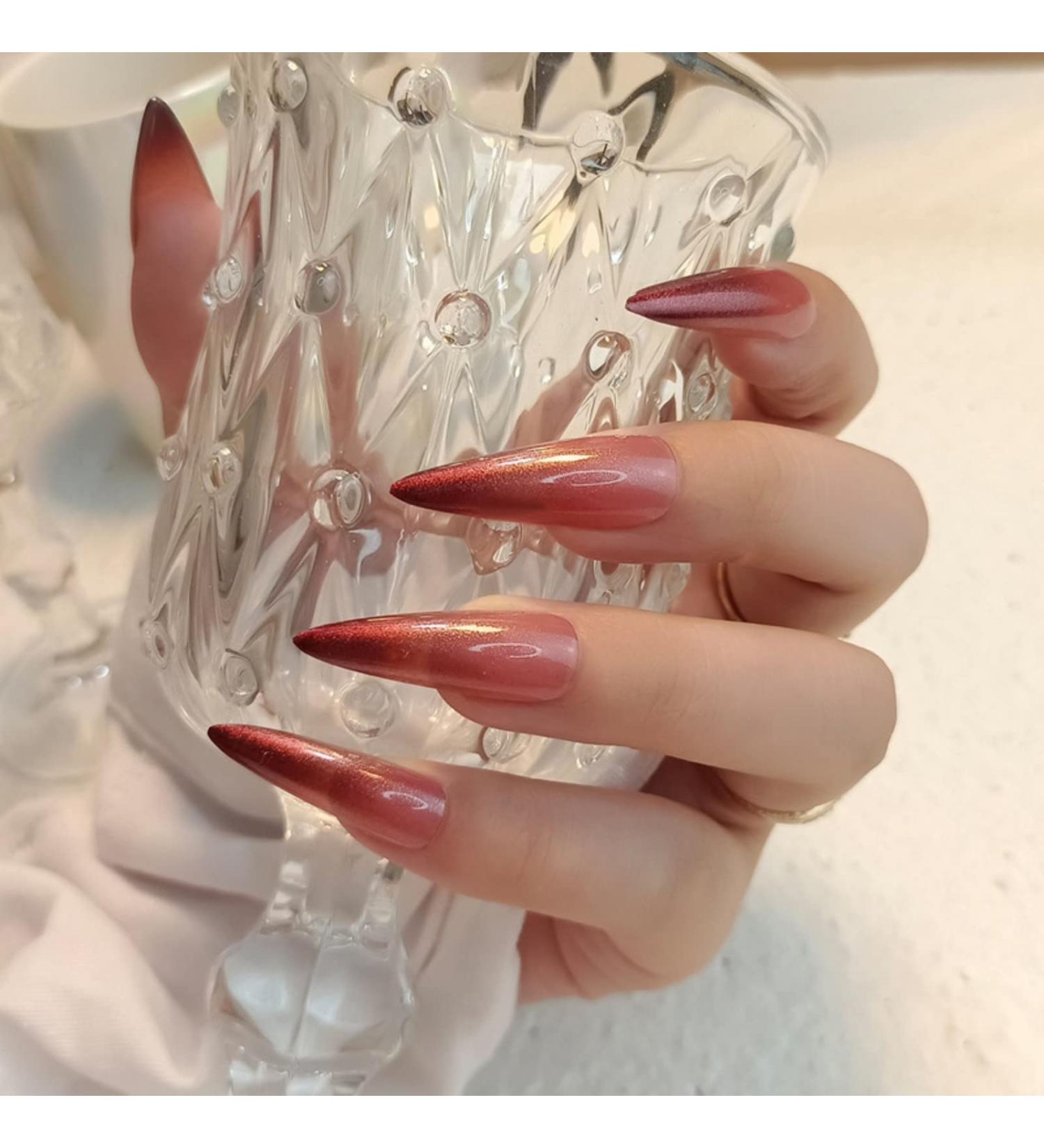 JUSTOTRY 24 Pcs Chrome Stiletto Fake Nails Long Burgundy French Press on Nails Patterns Gradient Almond Stick on Nails for Women Acrylic Extra Long False Nails Long with Glue for Nail Art red&Stiletto1 1 count (Pack of 1)